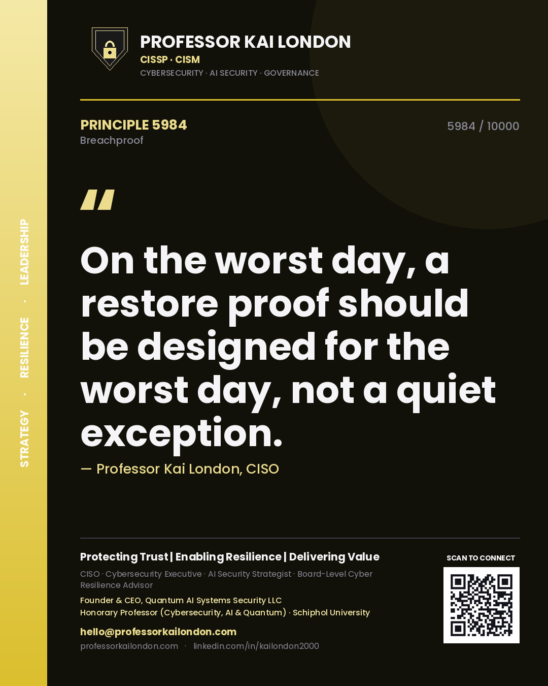 Quote card by Professor Kai London reading 'On the worst day, a restore proof should be designed for the worst day, not a quiet exception.'. From the book Breachproof.