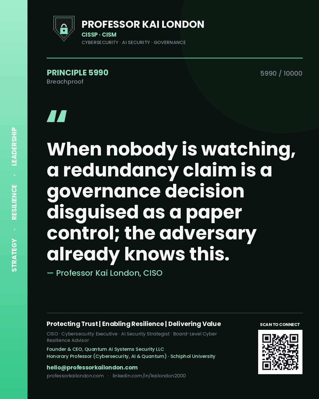Professor Kai London principle 5990: When nobody is watching, a redundancy claim is a governance decision disguised as a paper control; the adversary already knows this.