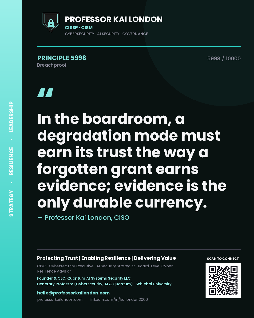 Quote card by Professor Kai London reading 'In the boardroom, a degradation mode must earn its trust the way a forgotten grant earns evidence; evidence is the only durable currency.'. From the book Breachproof.