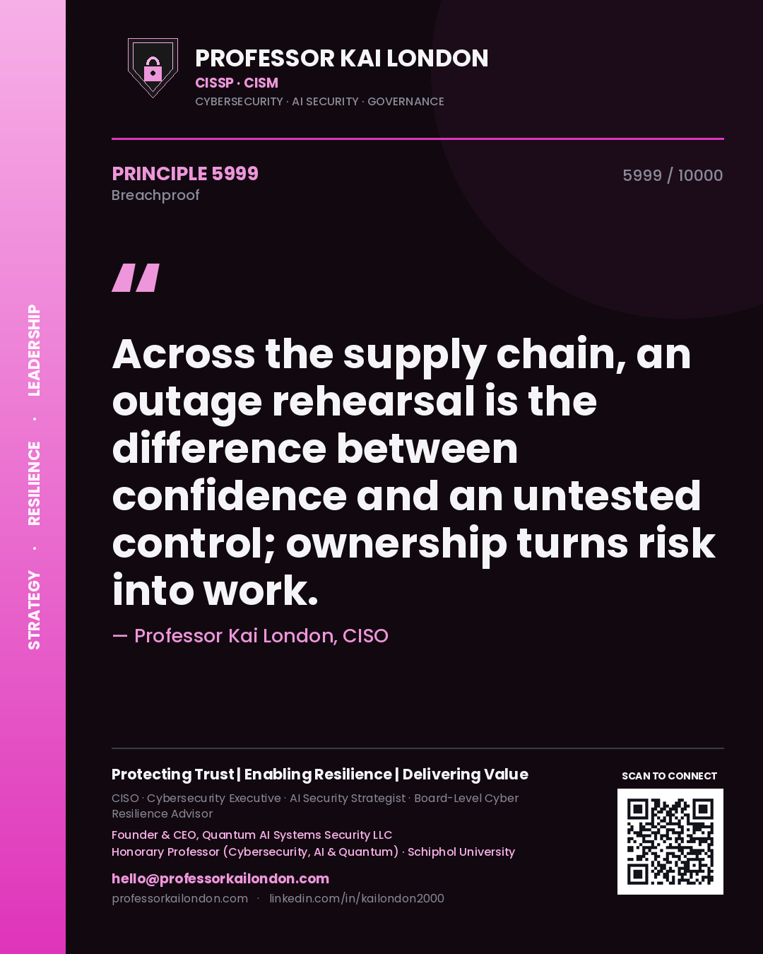 Quote card by Professor Kai London reading 'Across the supply chain, an outage rehearsal is the difference between confidence and an untested control; ownership turns risk into work.'. From the book Breachproof.