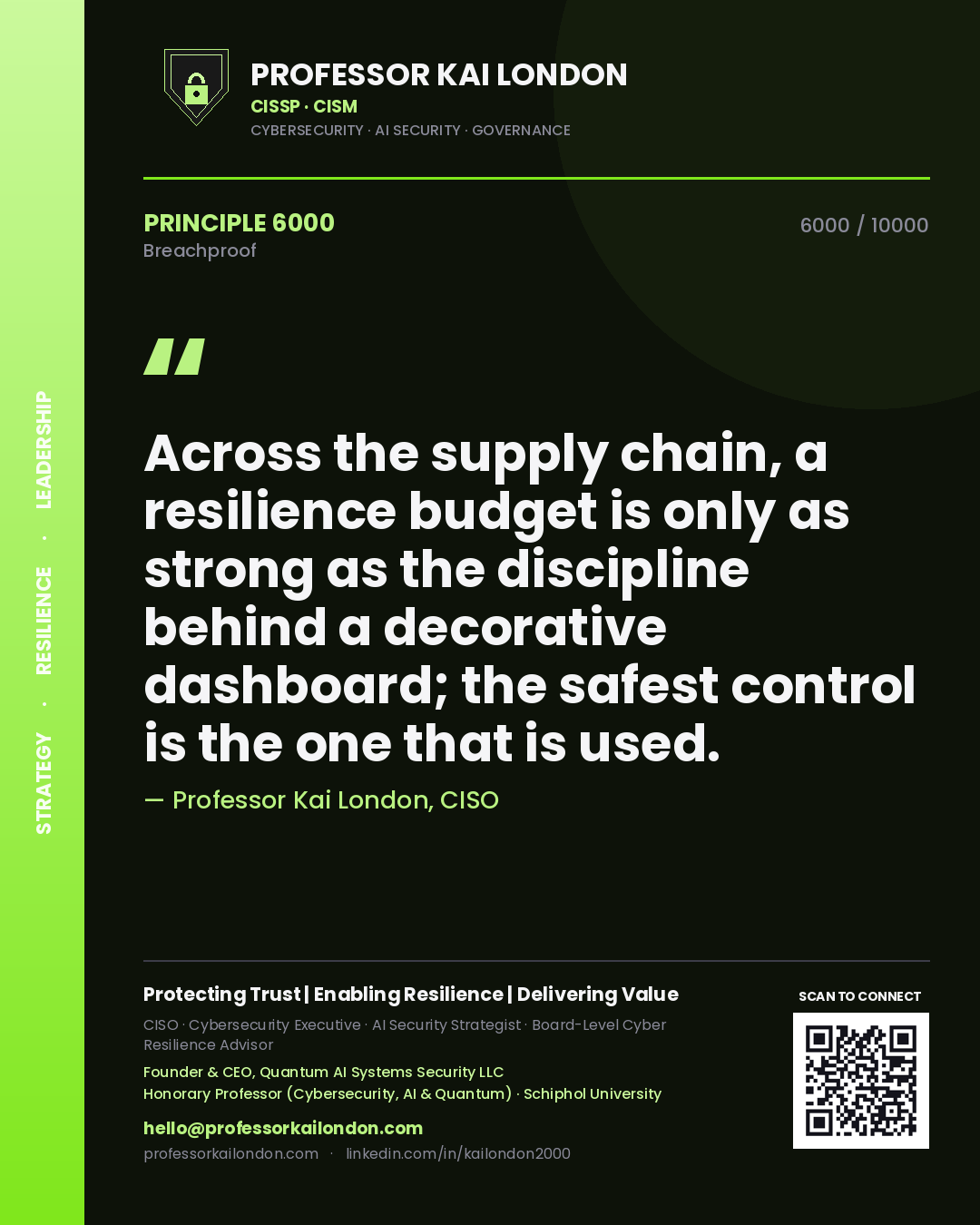 Quote card by Professor Kai London reading 'Across the supply chain, a resilience budget is only as strong as the discipline behind a decorative dashboard; the safest control is the one that is used.'. From the book Breachproof.
