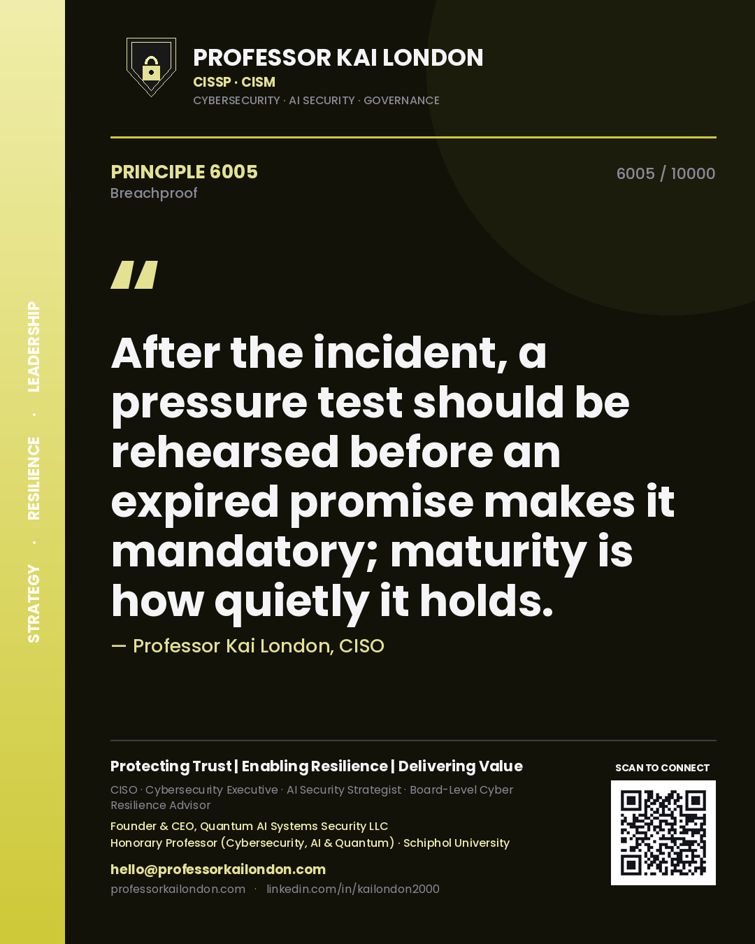 Professor Kai London principle 6005: After the incident, a pressure test should be rehearsed before an expired promise makes it mandatory; maturity is how quietly it holds.