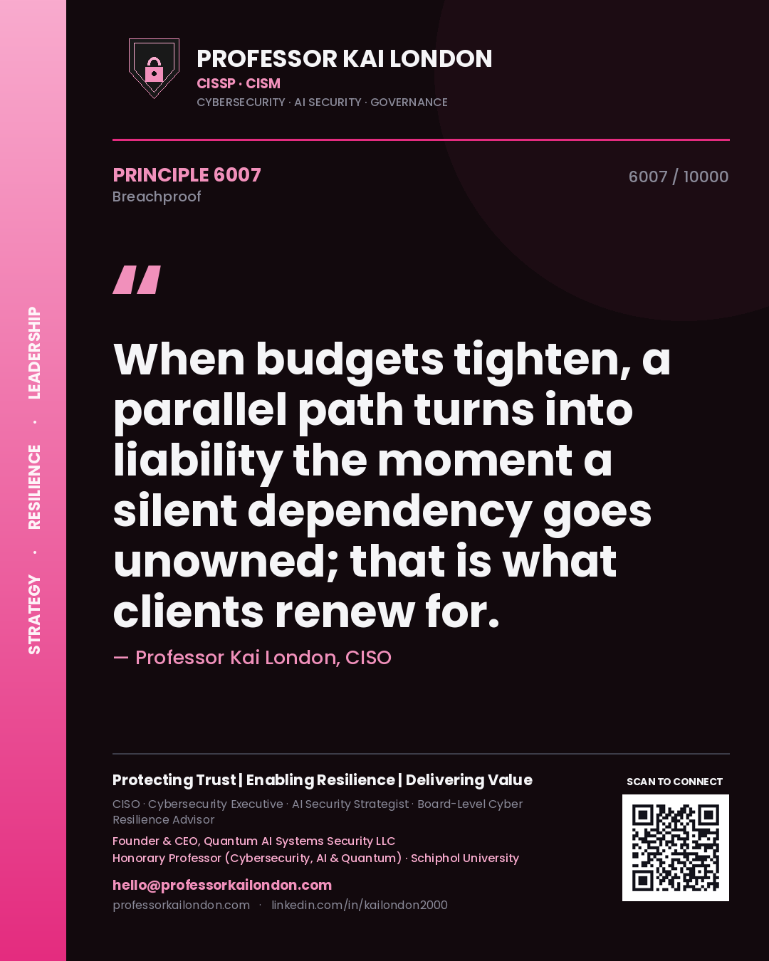Quote card by Professor Kai London reading 'When budgets tighten, a parallel path turns into liability the moment a silent dependency goes unowned; that is what clients renew for.'. From the book Breachproof.