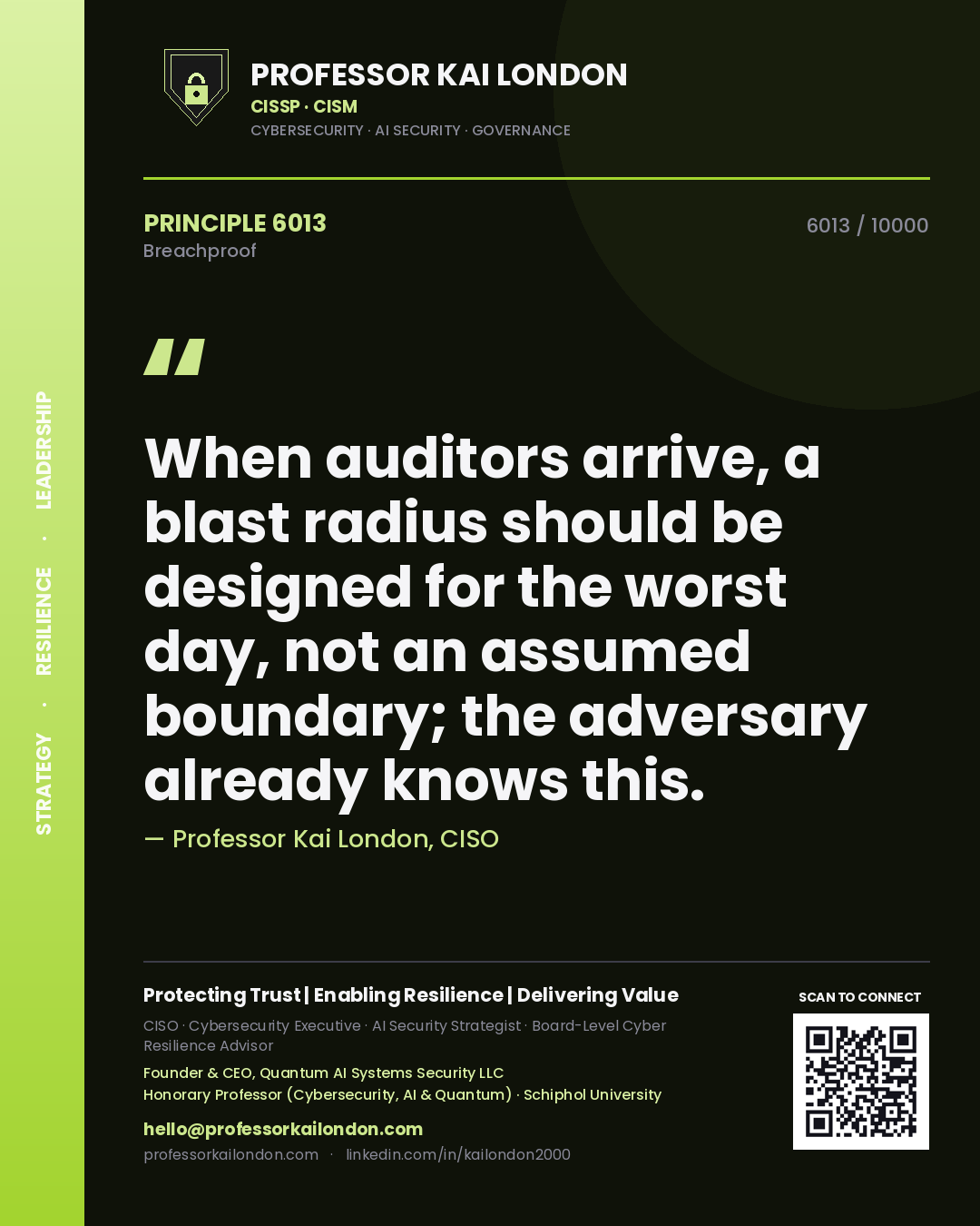 Professor Kai London principle 6013: When auditors arrive, a blast radius should be designed for the worst day, not an assumed boundary; the adversary already knows this.