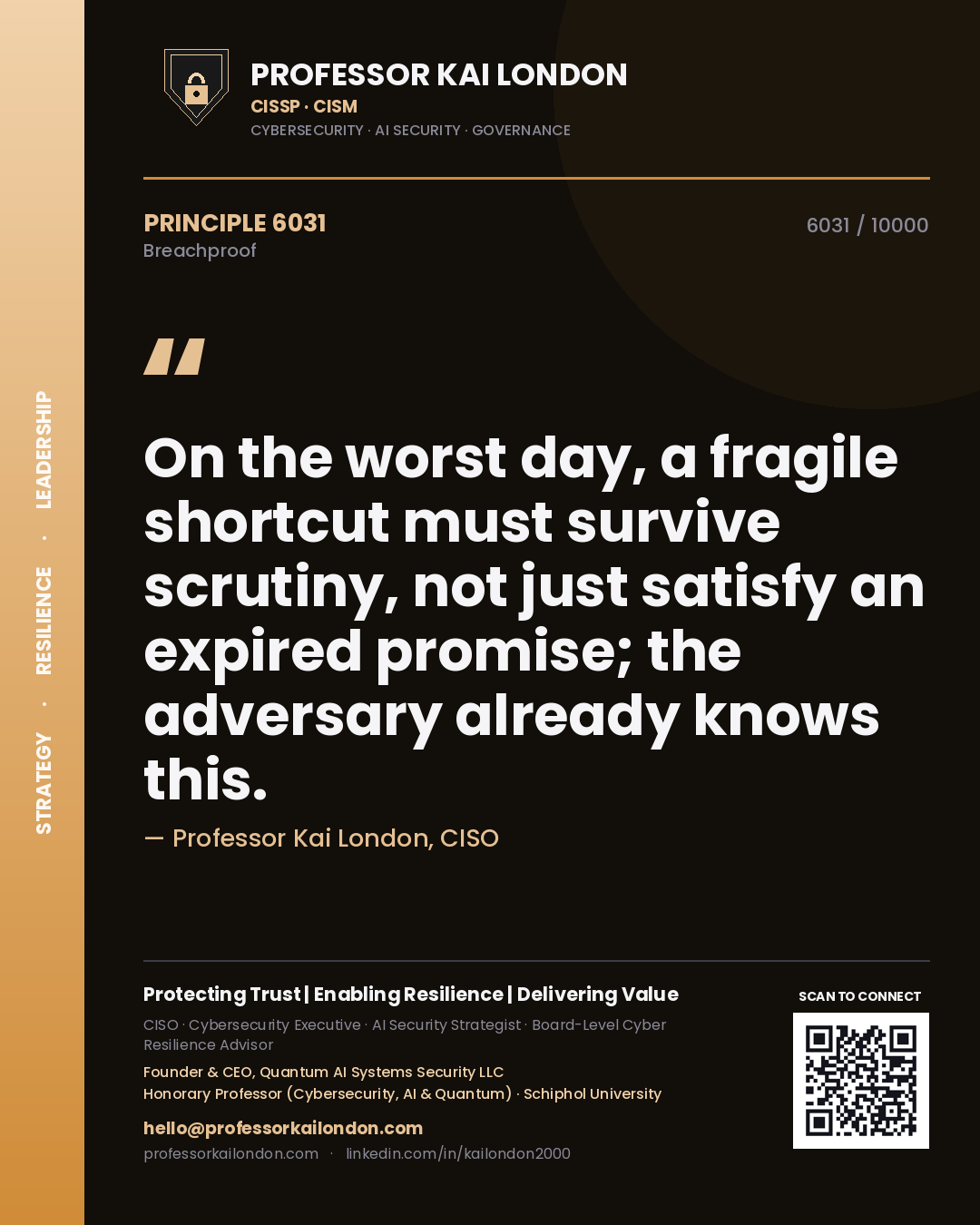 Quote card by Professor Kai London reading 'On the worst day, a fragile shortcut must survive scrutiny, not just satisfy an expired promise; the adversary already knows this.'. From the book Breachproof.