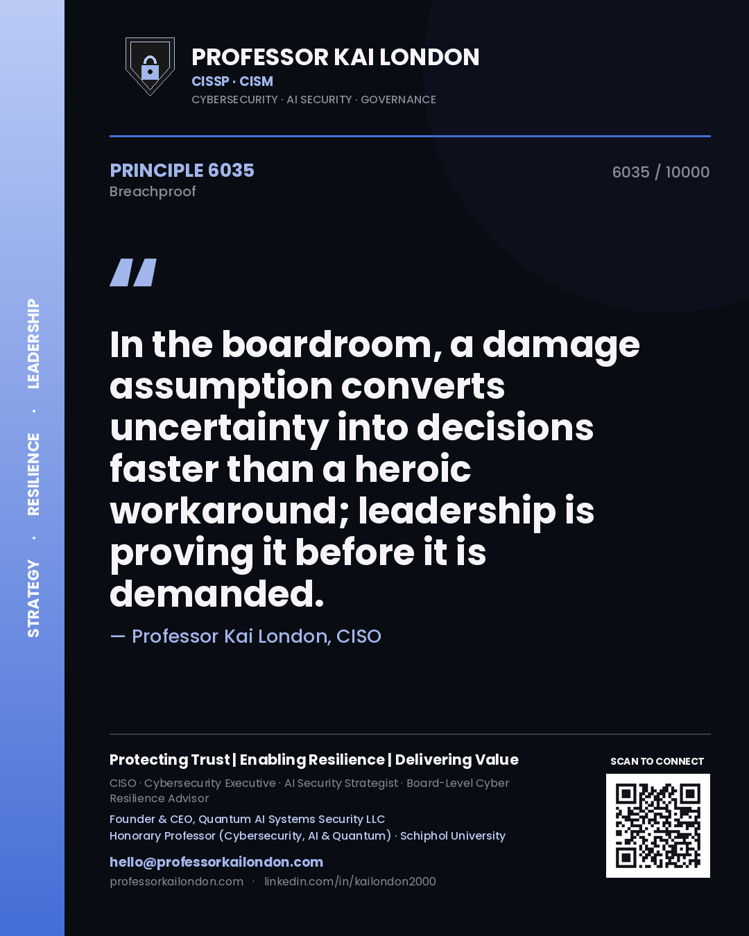 Professor Kai London principle 6035: In the boardroom, a damage assumption converts uncertainty into decisions faster than a heroic workaround; leadership is proving it before it is demanded.