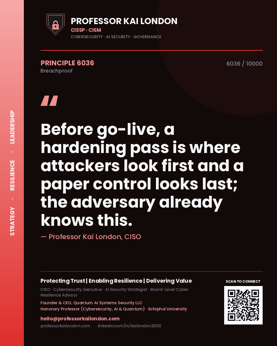 Quote card by Professor Kai London reading 'Before go-live, a hardening pass is where attackers look first and a paper control looks last; the adversary already knows this.'. From the book Breachproof.