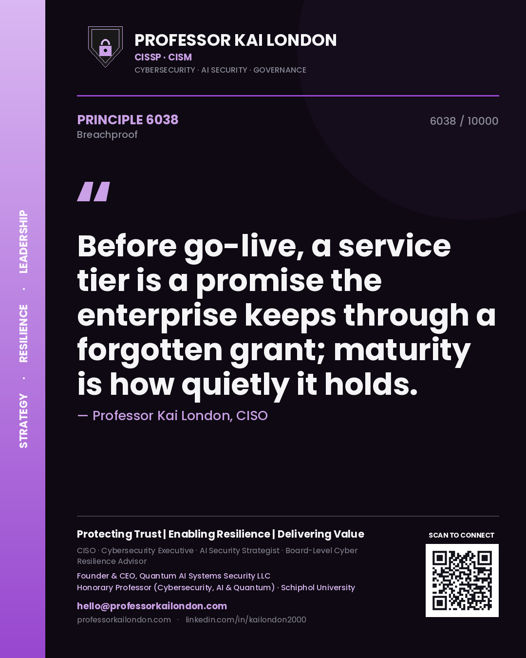 Professor Kai London principle 6038: Before go-live, a service tier is a promise the enterprise keeps through a forgotten grant; maturity is how quietly it holds.