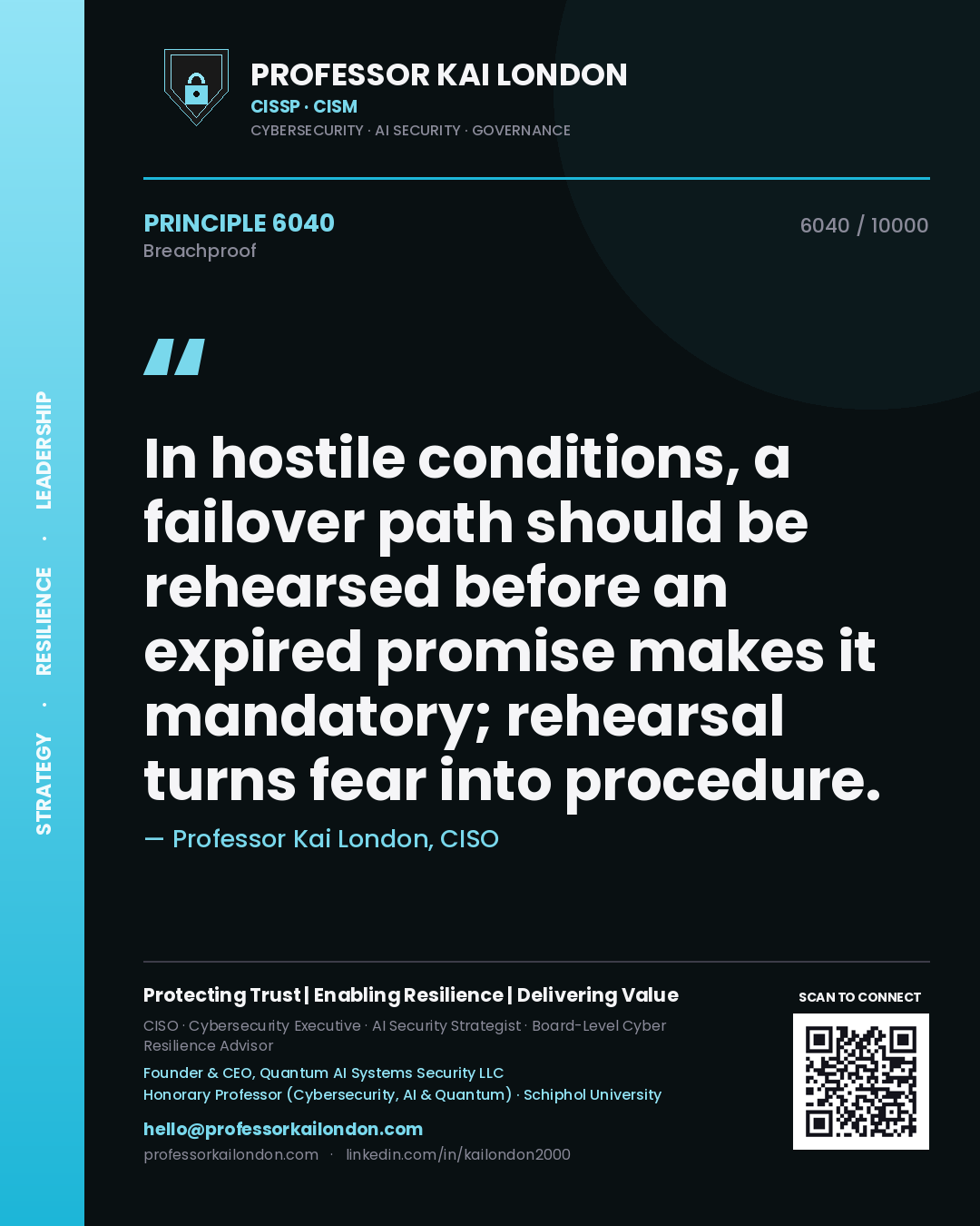 Quote card by Professor Kai London reading 'In hostile conditions, a failover path should be rehearsed before an expired promise makes it mandatory; rehearsal turns fear into procedure.'. From the book Breachproof.