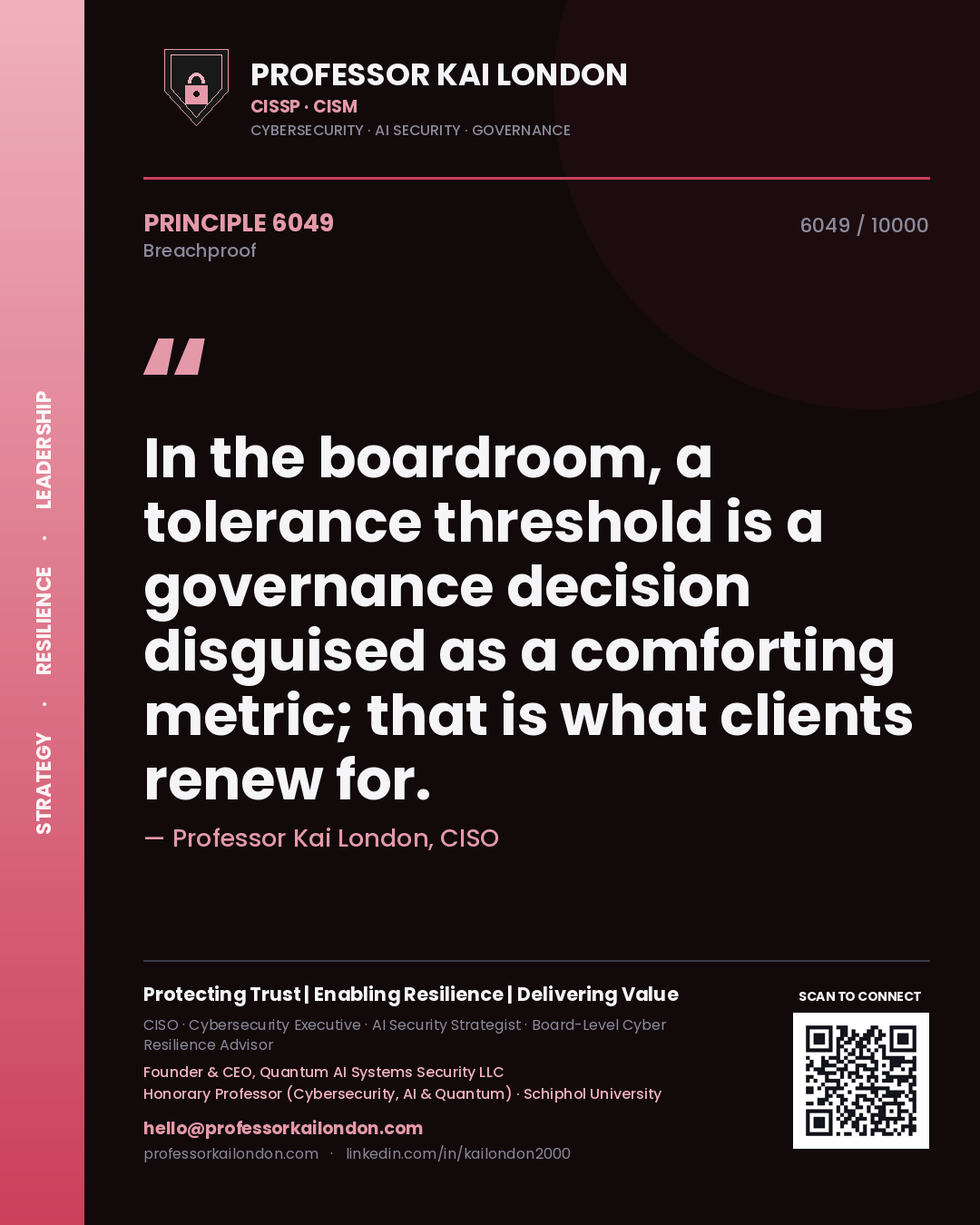 Quote card by Professor Kai London reading 'In the boardroom, a tolerance threshold is a governance decision disguised as a comforting metric; that is what clients renew for.'. From the book Breachproof.