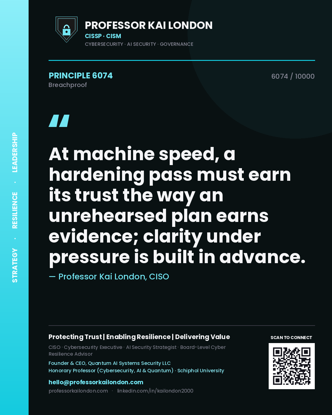 Quote card by Professor Kai London reading 'At machine speed, a hardening pass must earn its trust the way an unrehearsed plan earns evidence; clarity under pressure is built in advance.'. From the book Breachproof.