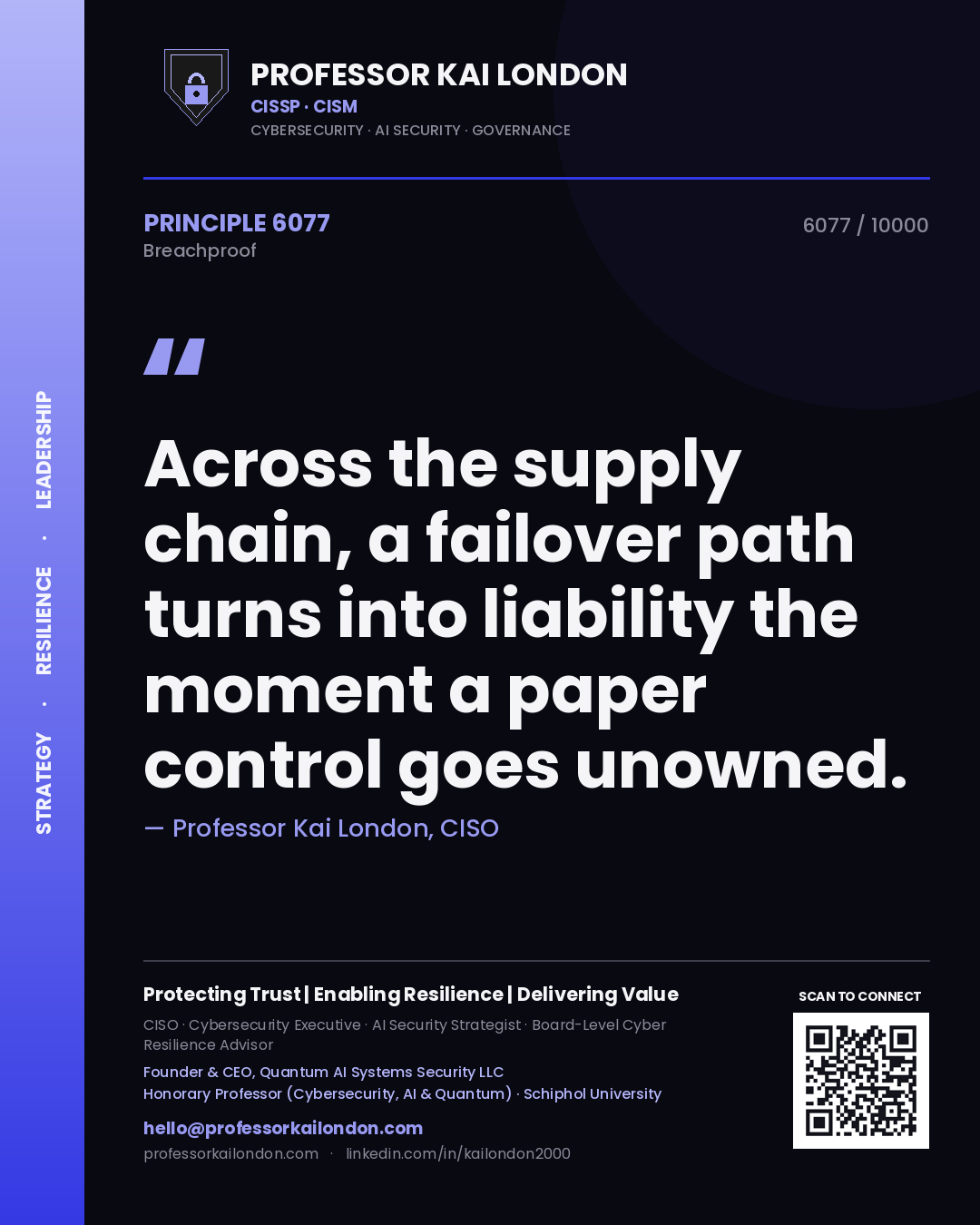 Quote card by Professor Kai London reading 'Across the supply chain, a failover path turns into liability the moment a paper control goes unowned.'. From the book Breachproof.