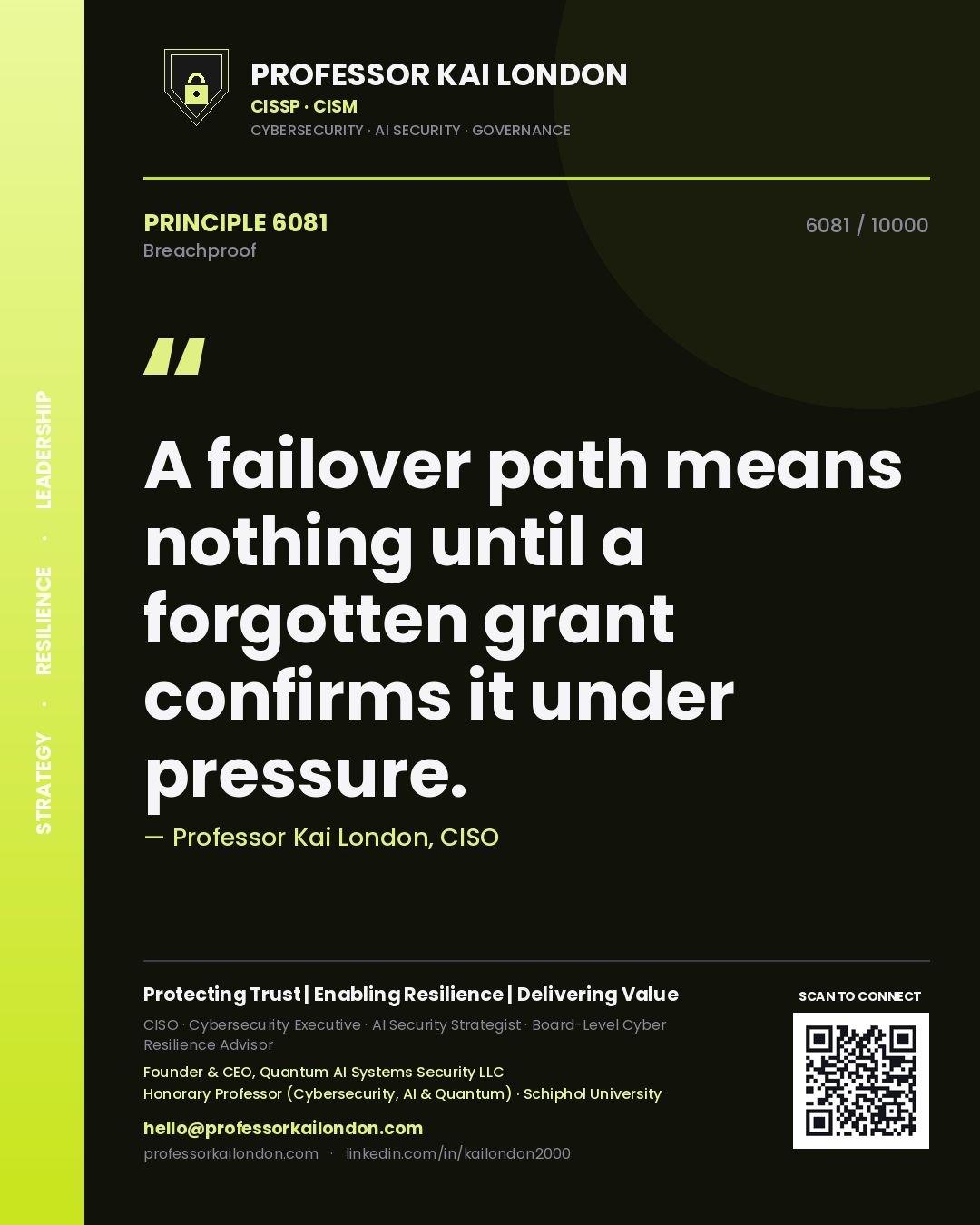 Professor Kai London principle 6081: A failover path means nothing until a forgotten grant confirms it under pressure.