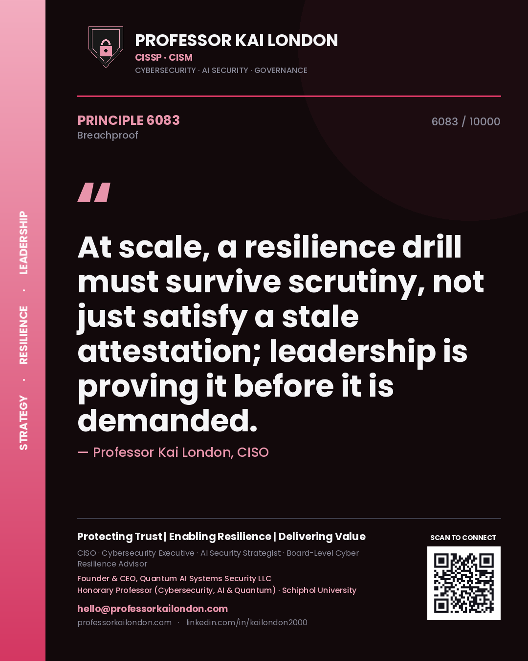 Quote card by Professor Kai London reading 'At scale, a resilience drill must survive scrutiny, not just satisfy a stale attestation; leadership is proving it before it is demanded.'. From the book Breachproof.