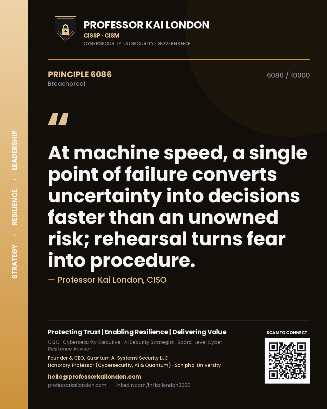 Quote card by Professor Kai London reading 'At machine speed, a single point of failure converts uncertainty into decisions faster than an unowned risk; rehearsal turns fear into procedure.'. From the book Breachproof.