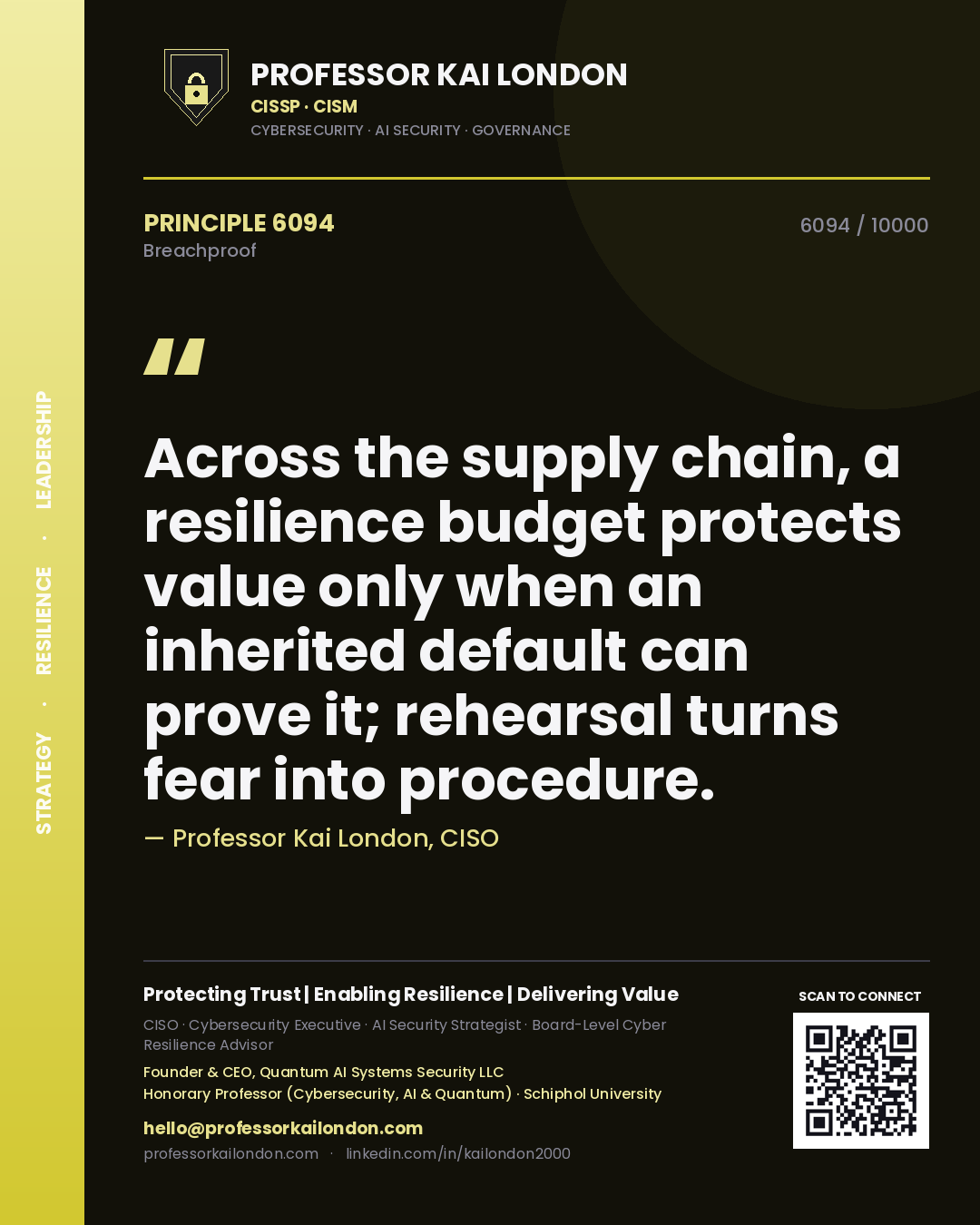 Quote card by Professor Kai London reading 'Across the supply chain, a resilience budget protects value only when an inherited default can prove it; rehearsal turns fear into procedure.'. From the book Breachproof.