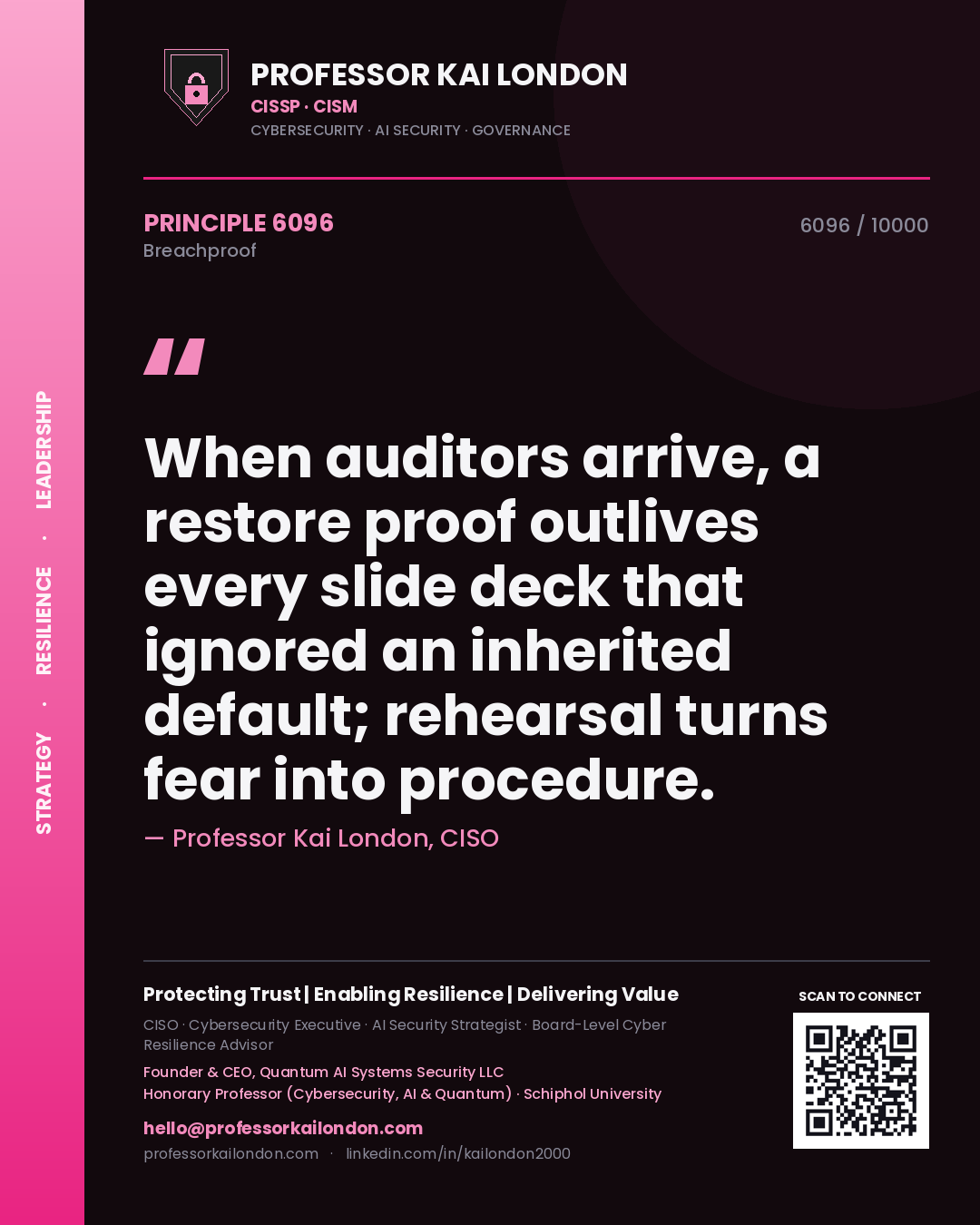Quote card by Professor Kai London reading 'When auditors arrive, a restore proof outlives every slide deck that ignored an inherited default; rehearsal turns fear into procedure.'. From the book Breachproof.