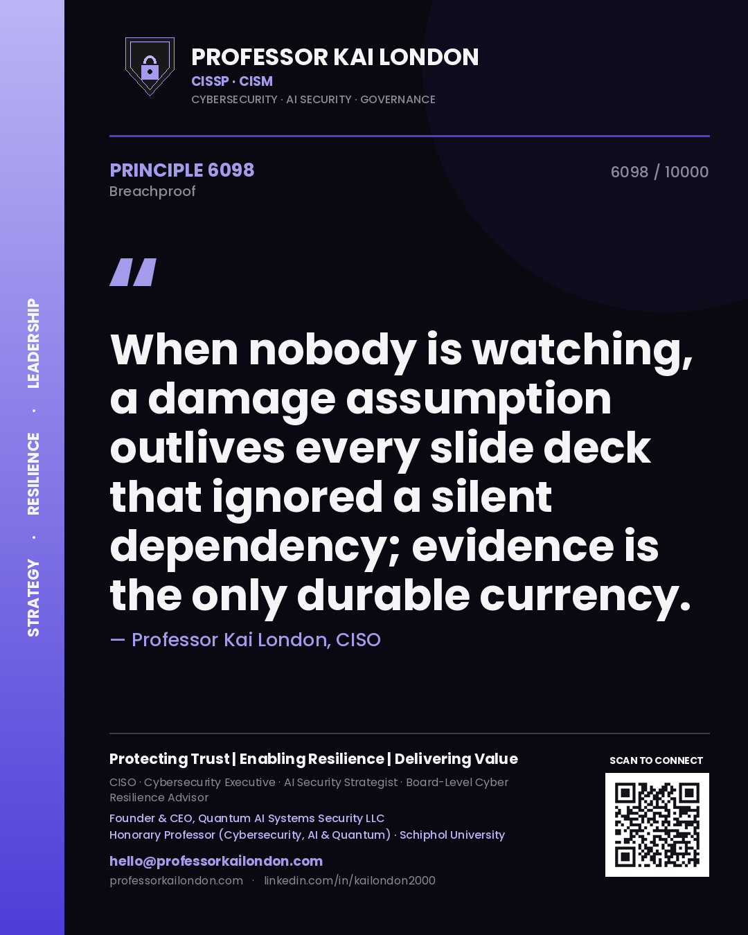 Quote card by Professor Kai London reading 'When nobody is watching, a damage assumption outlives every slide deck that ignored a silent dependency; evidence is the only durable currency.'. From the book Breachproof.