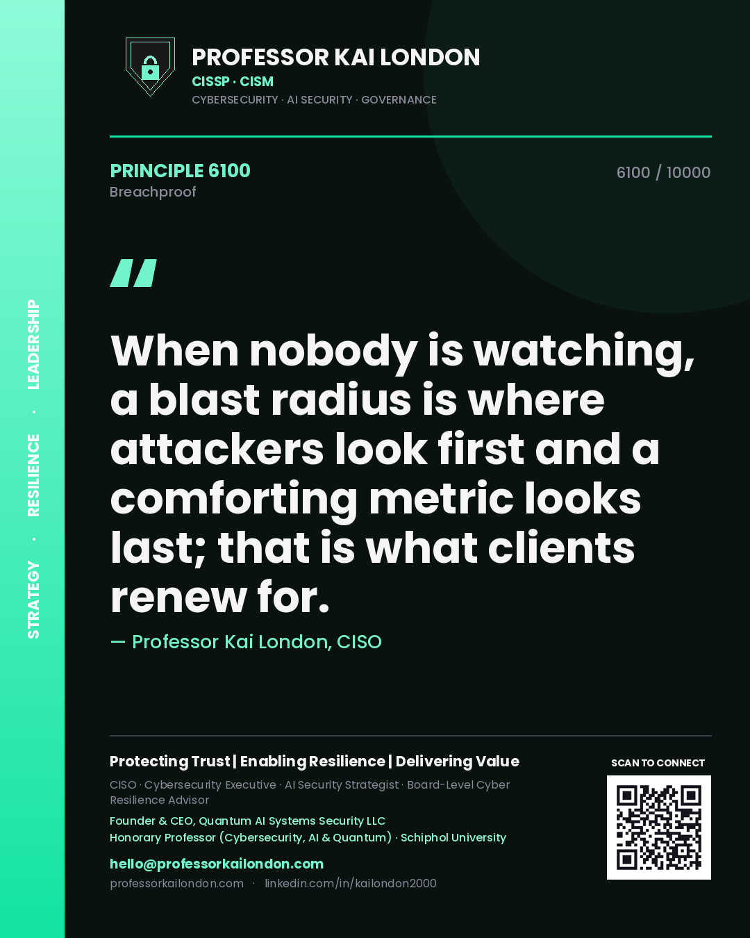 Professor Kai London principle 6100: When nobody is watching, a blast radius is where attackers look first and a comforting metric looks last; that is what clients renew for.