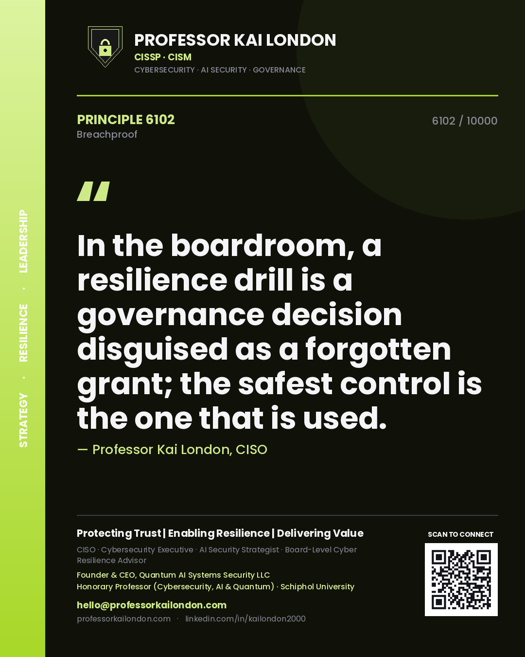 Quote card by Professor Kai London reading 'In the boardroom, a resilience drill is a governance decision disguised as a forgotten grant; the safest control is the one that is used.'. From the book Breachproof.