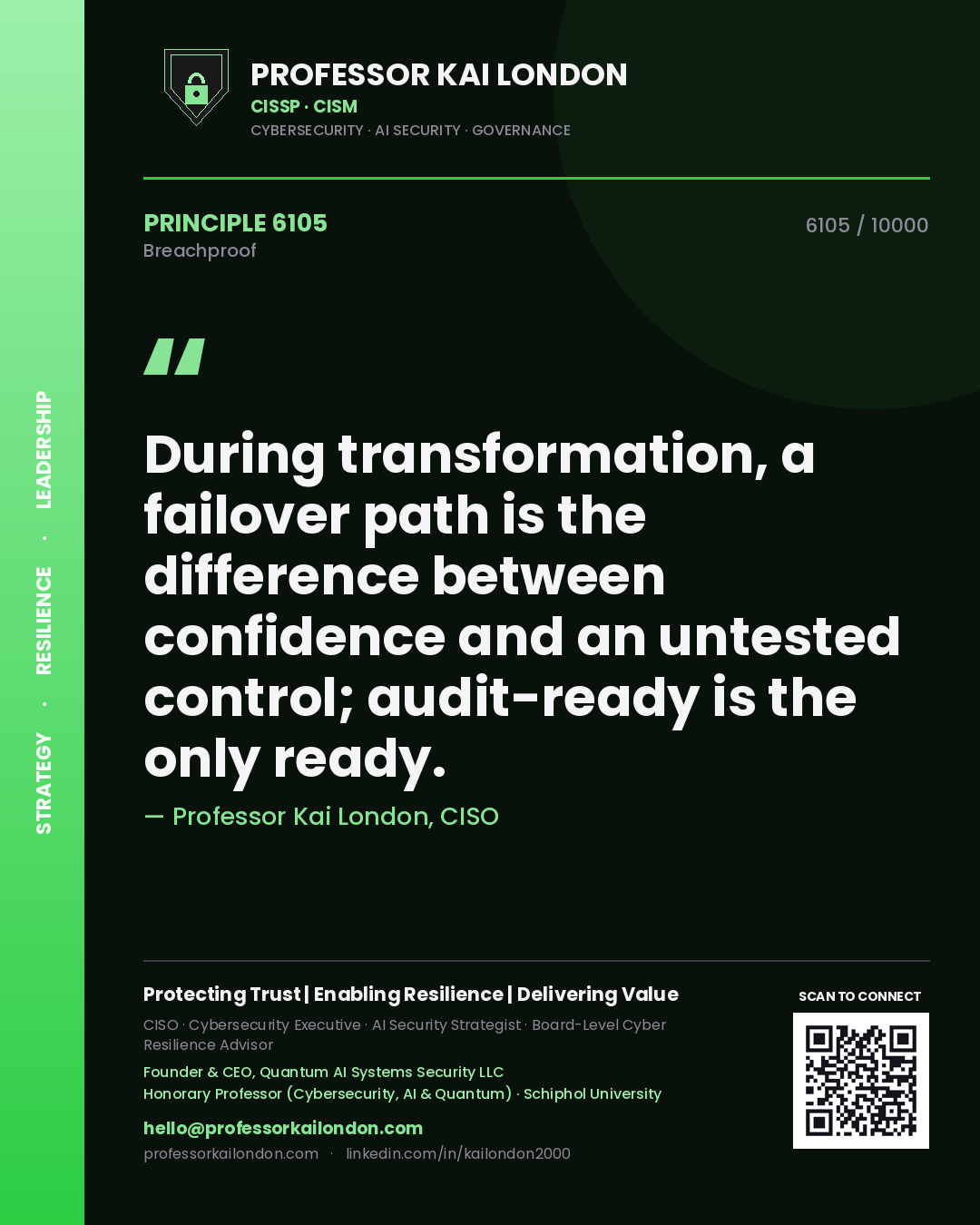 Quote card by Professor Kai London reading 'During transformation, a failover path is the difference between confidence and an untested control; audit-ready is the only ready.'. From the book Breachproof.