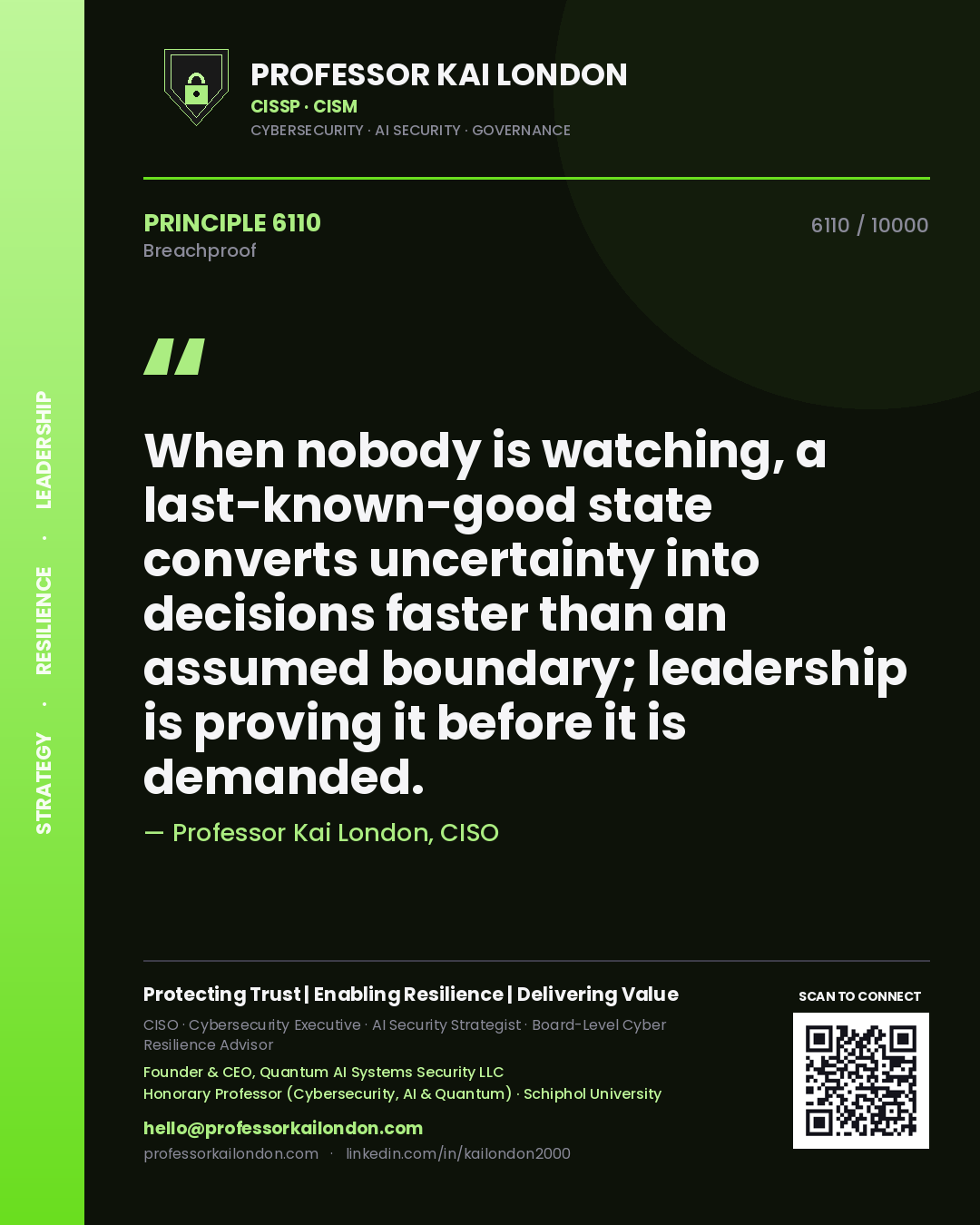 Professor Kai London principle 6110: When nobody is watching, a last-known-good state converts uncertainty into decisions faster than an assumed boundary; leadership is proving it before it is demanded.