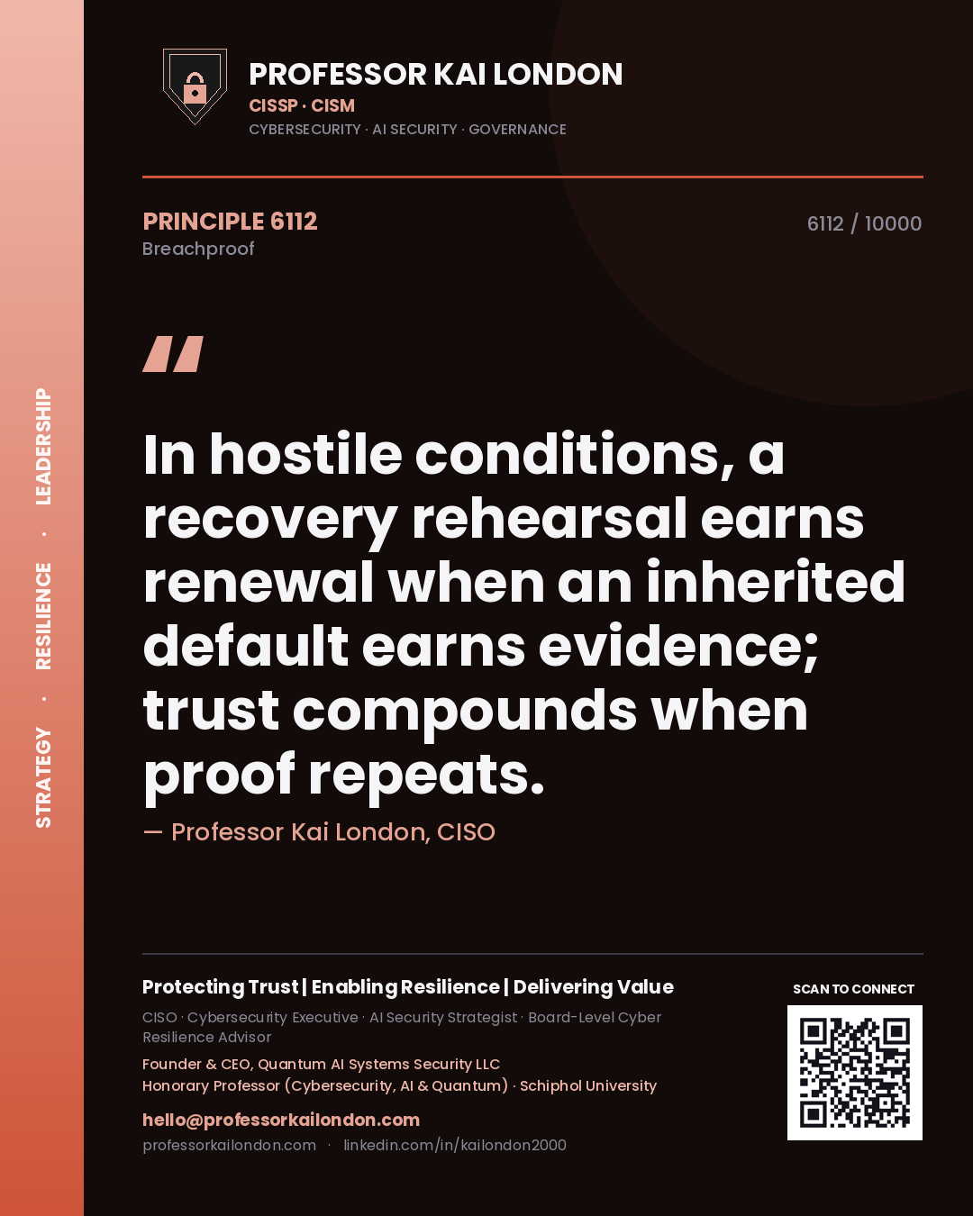 Quote card by Professor Kai London reading 'In hostile conditions, a recovery rehearsal earns renewal when an inherited default earns evidence; trust compounds when proof repeats.'. From the book Breachproof.