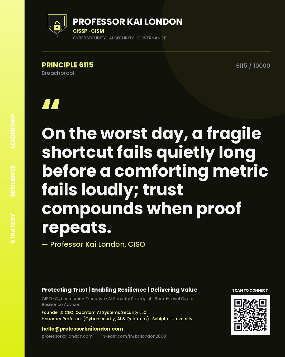Professor Kai London principle 6115: On the worst day, a fragile shortcut fails quietly long before a comforting metric fails loudly; trust compounds when proof repeats.