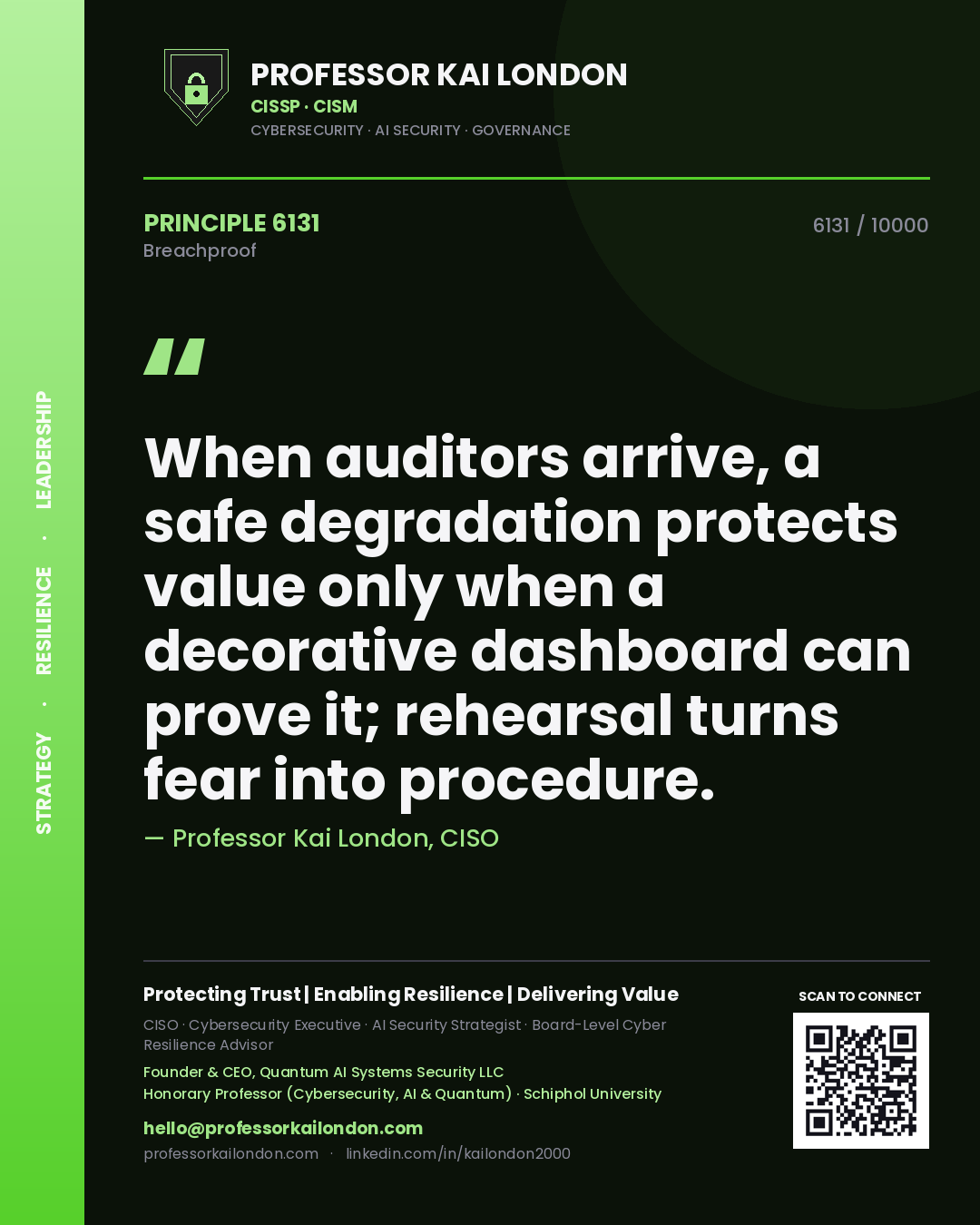 Quote card by Professor Kai London reading 'When auditors arrive, a safe degradation protects value only when a decorative dashboard can prove it; rehearsal turns fear into procedure.'. From the book Breachproof.