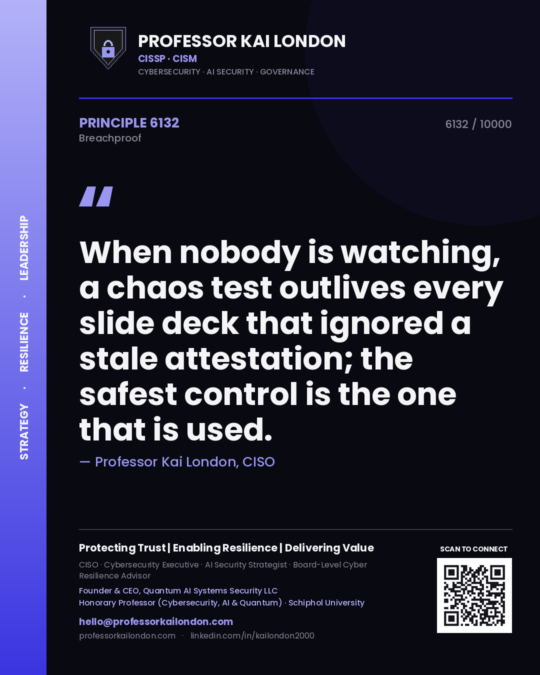 Professor Kai London principle 6132: When nobody is watching, a chaos test outlives every slide deck that ignored a stale attestation; the safest control is the one that is used.