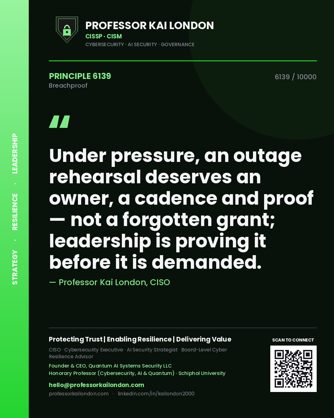 Professor Kai London principle 6139: Under pressure, an outage rehearsal deserves an owner, a cadence and proof — not a forgotten grant; leadership is proving it before it is demanded.