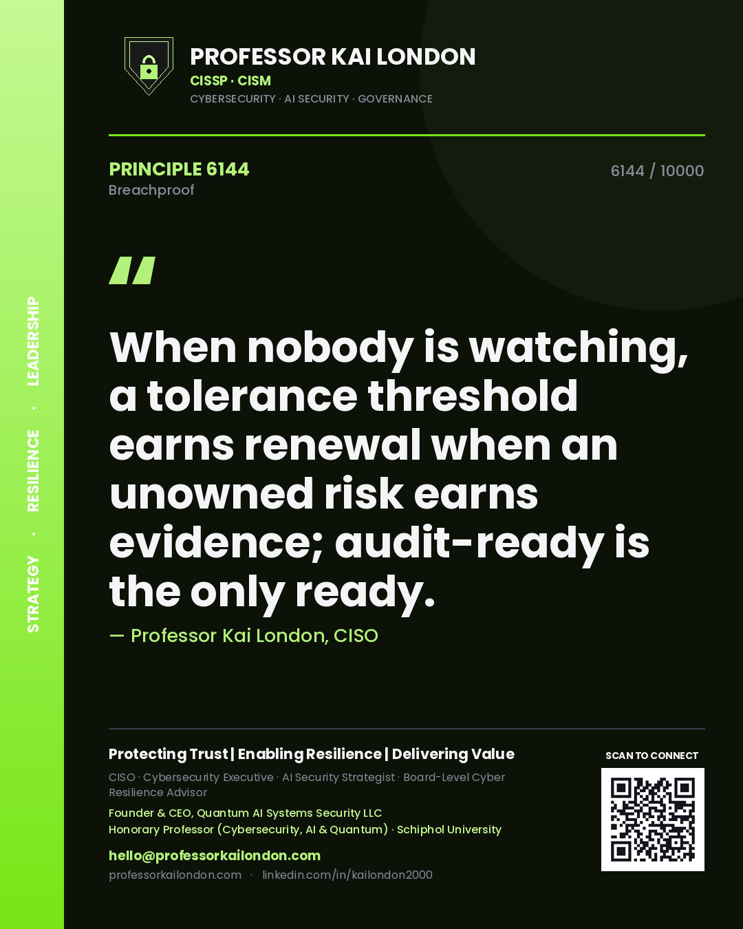Quote card by Professor Kai London reading 'When nobody is watching, a tolerance threshold earns renewal when an unowned risk earns evidence; audit-ready is the only ready.'. From the book Breachproof.