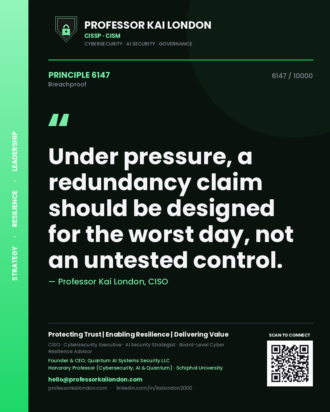 Professor Kai London principle 6147: Under pressure, a redundancy claim should be designed for the worst day, not an untested control.