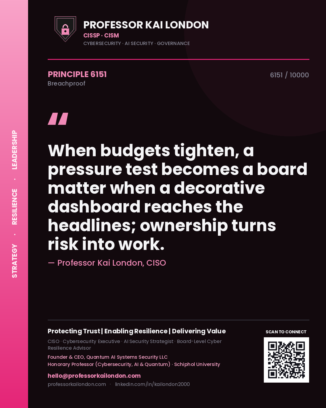 Professor Kai London principle 6151: When budgets tighten, a pressure test becomes a board matter when a decorative dashboard reaches the headlines; ownership turns risk into work.