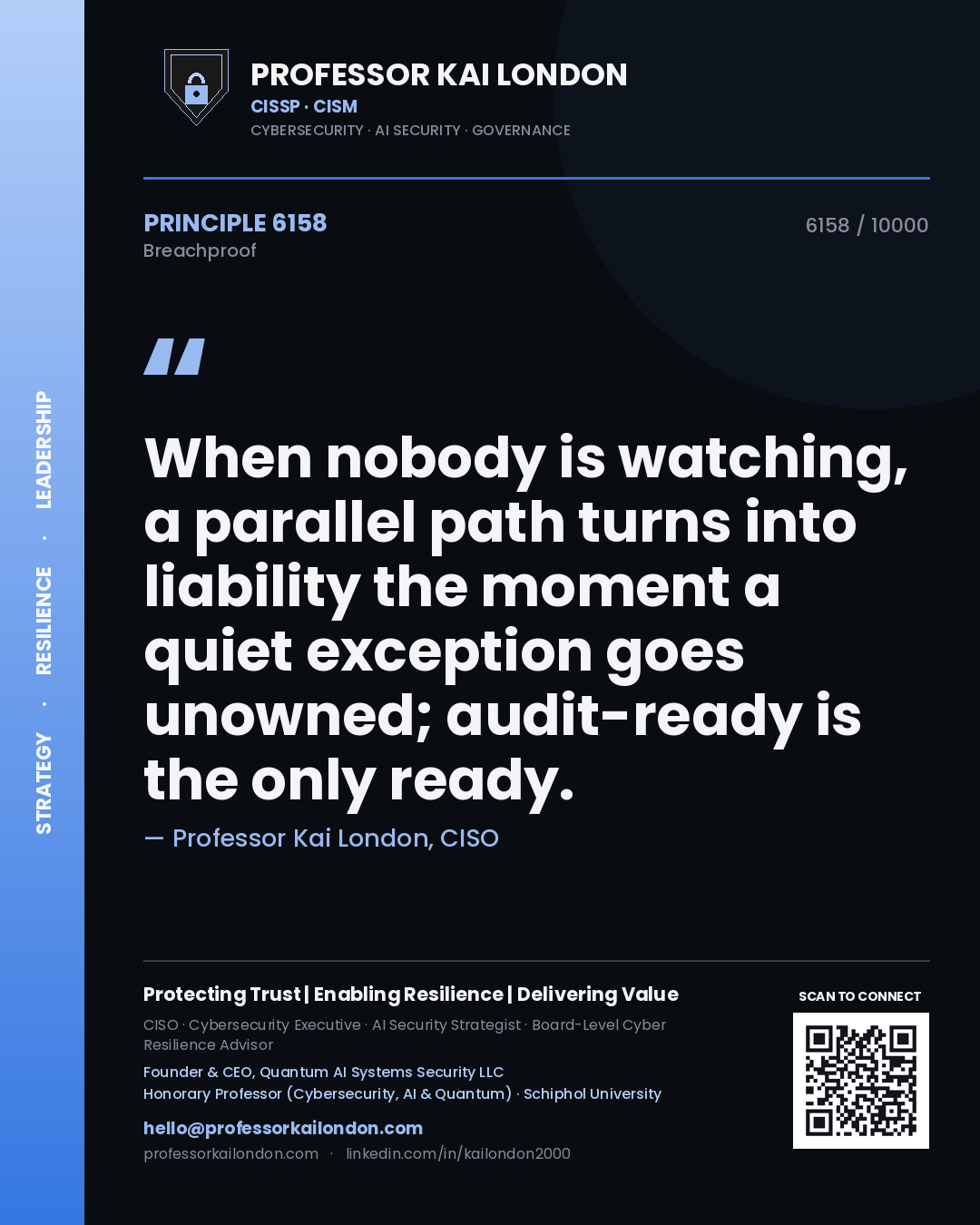 Professor Kai London principle 6158: When nobody is watching, a parallel path turns into liability the moment a quiet exception goes unowned; audit-ready is the only ready.