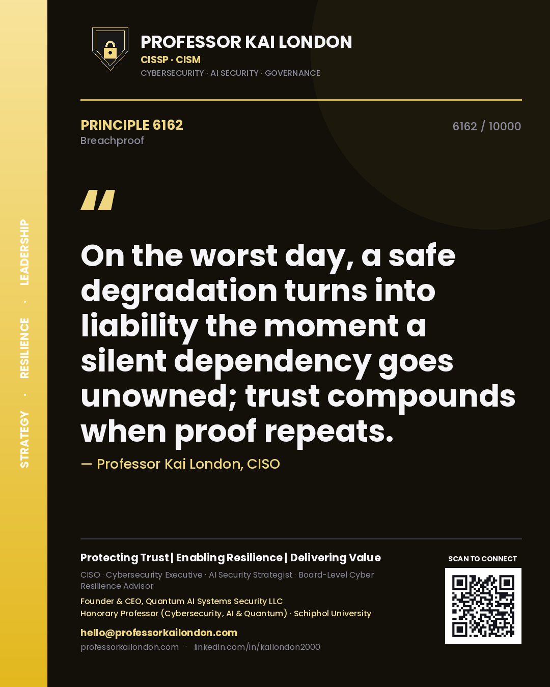 Professor Kai London principle 6162: On the worst day, a safe degradation turns into liability the moment a silent dependency goes unowned; trust compounds when proof repeats.