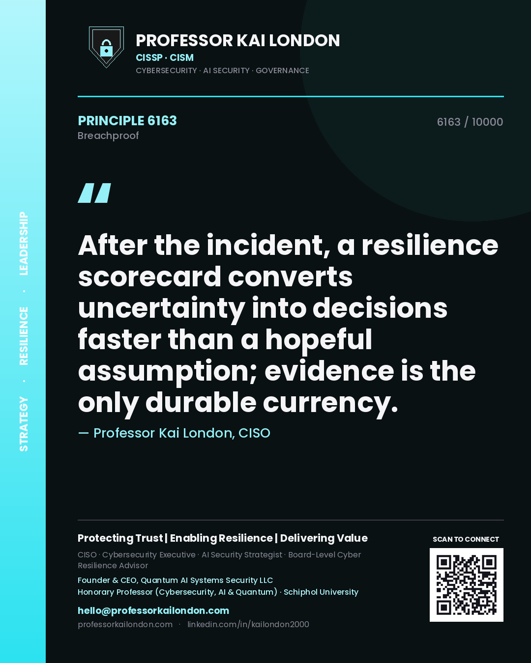 Quote card by Professor Kai London reading 'After the incident, a resilience scorecard converts uncertainty into decisions faster than a hopeful assumption; evidence is the only durable currency.'. From the book Breachproof.