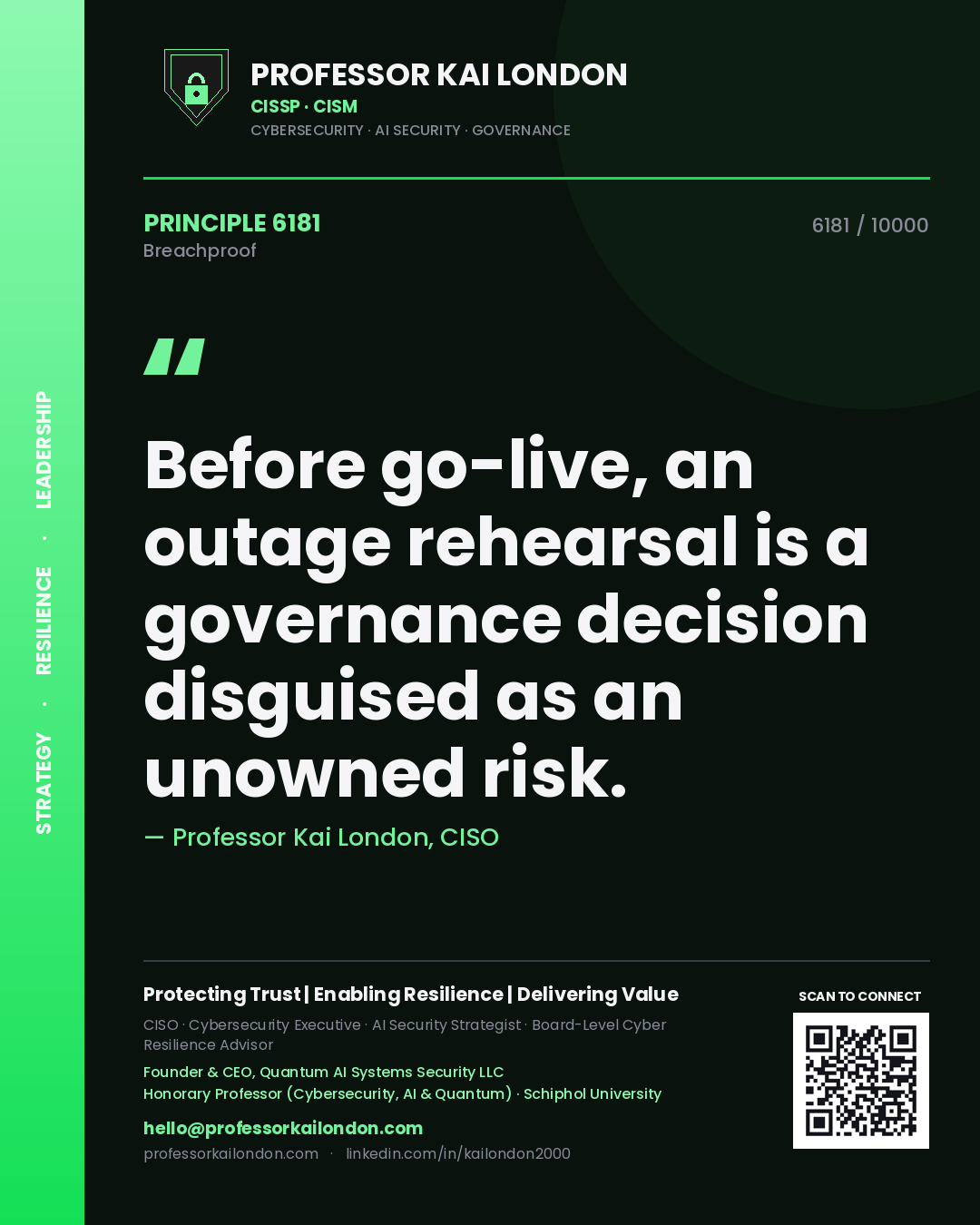 Professor Kai London principle 6181: Before go-live, an outage rehearsal is a governance decision disguised as an unowned risk.
