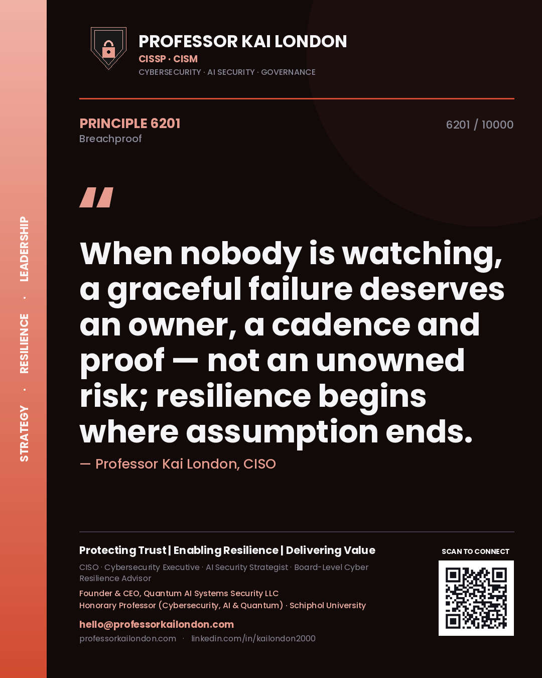 Professor Kai London principle 6201: When nobody is watching, a graceful failure deserves an owner, a cadence and proof — not an unowned risk; resilience begins where assumption ends.