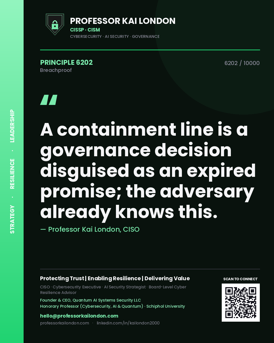 Quote card by Professor Kai London reading 'A containment line is a governance decision disguised as an expired promise; the adversary already knows this.'. From the book Breachproof.