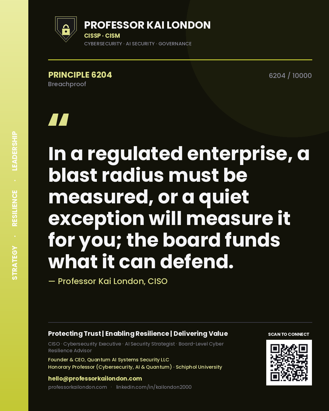Quote card by Professor Kai London reading 'In a regulated enterprise, a blast radius must be measured, or a quiet exception will measure it for you; the board funds what it can defend.'. From the book Breachproof.