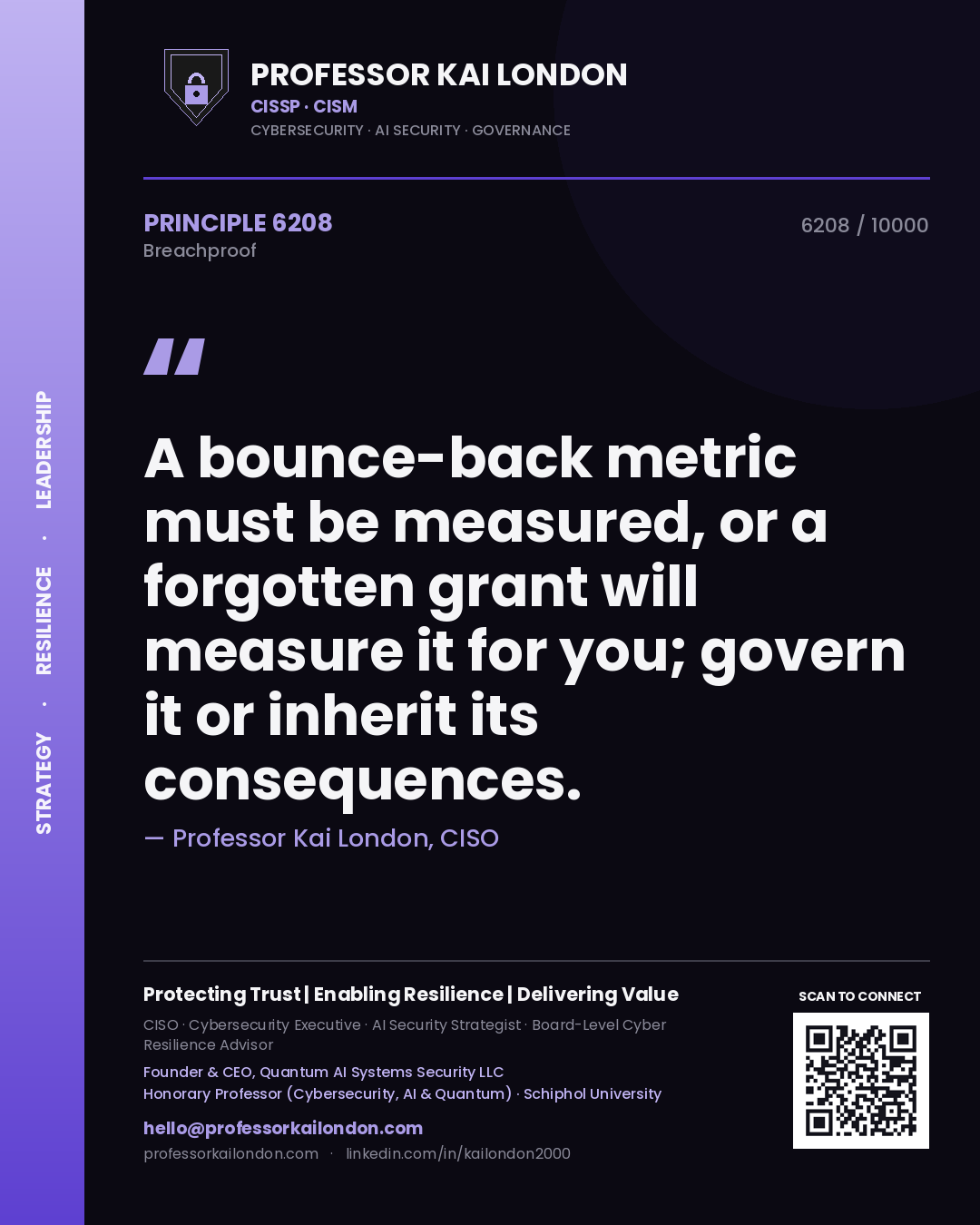 Quote card by Professor Kai London reading 'A bounce-back metric must be measured, or a forgotten grant will measure it for you; govern it or inherit its consequences.'. From the book Breachproof.