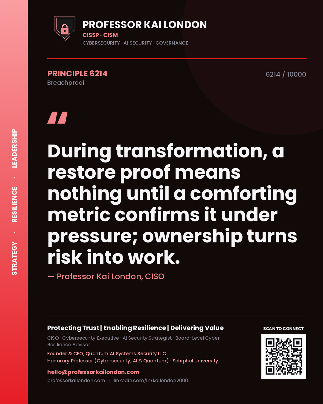 Quote card by Professor Kai London reading 'During transformation, a restore proof means nothing until a comforting metric confirms it under pressure; ownership turns risk into work.'. From the book Breachproof.