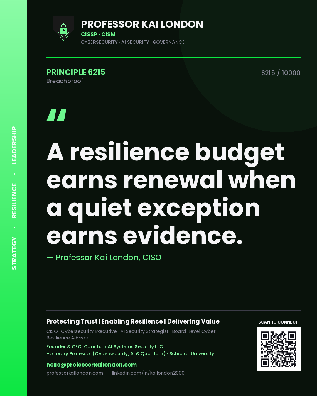 Quote card by Professor Kai London reading 'A resilience budget earns renewal when a quiet exception earns evidence.'. From the book Breachproof.