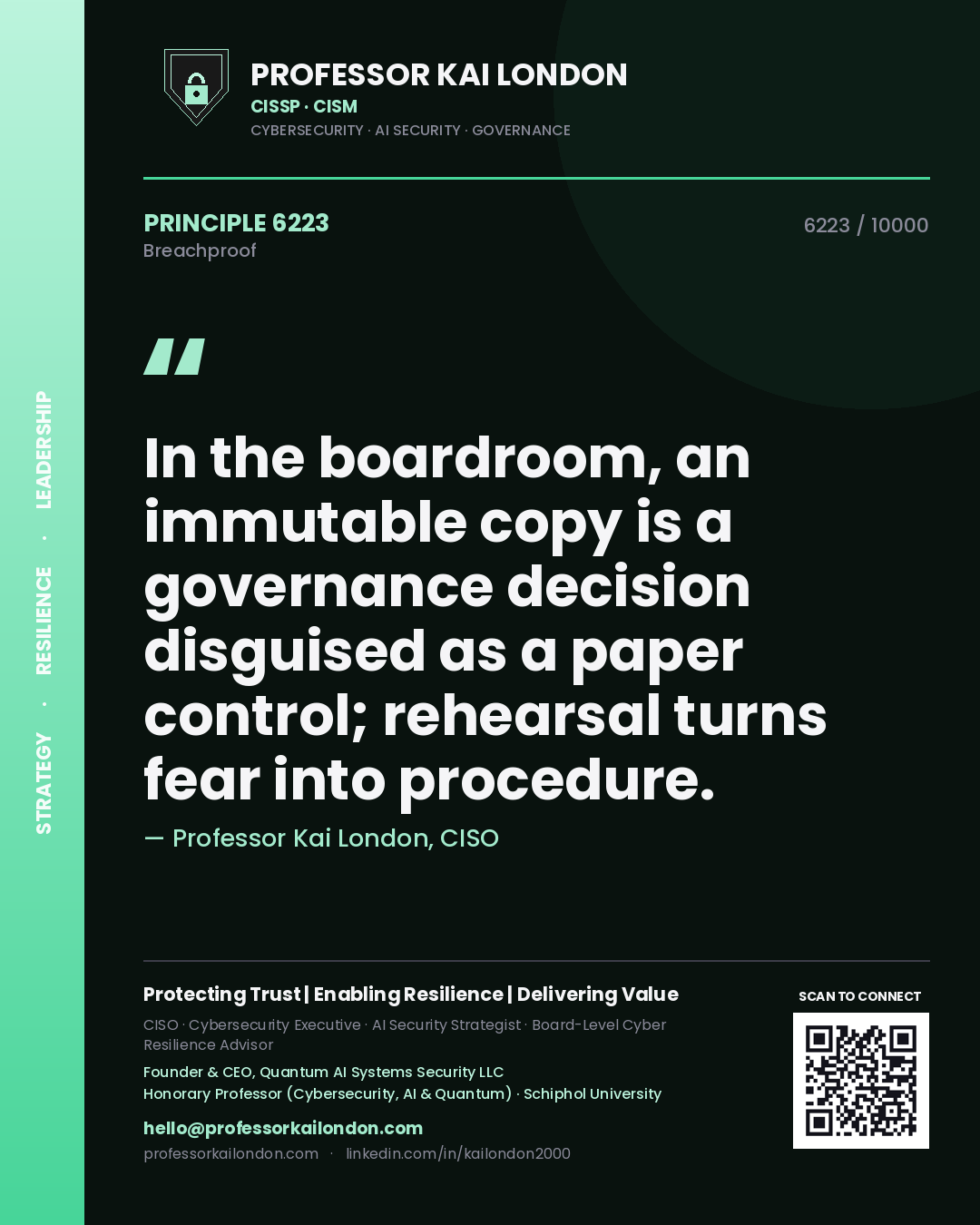 Quote card by Professor Kai London reading 'In the boardroom, an immutable copy is a governance decision disguised as a paper control; rehearsal turns fear into procedure.'. From the book Breachproof.