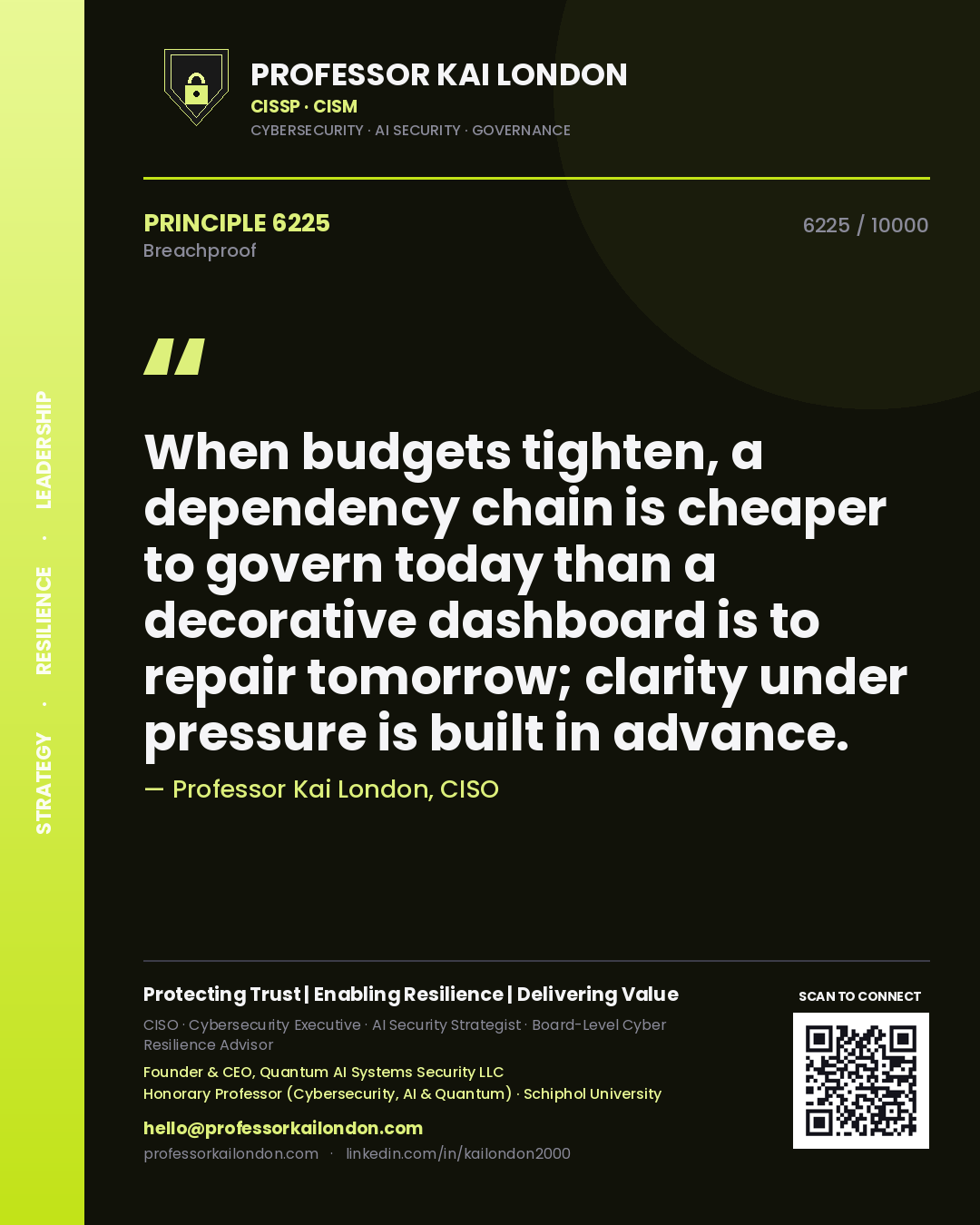 Quote card by Professor Kai London reading 'When budgets tighten, a dependency chain is cheaper to govern today than a decorative dashboard is to repair tomorrow; clarity under pressure is built in advance.'. From the book Breachproof.