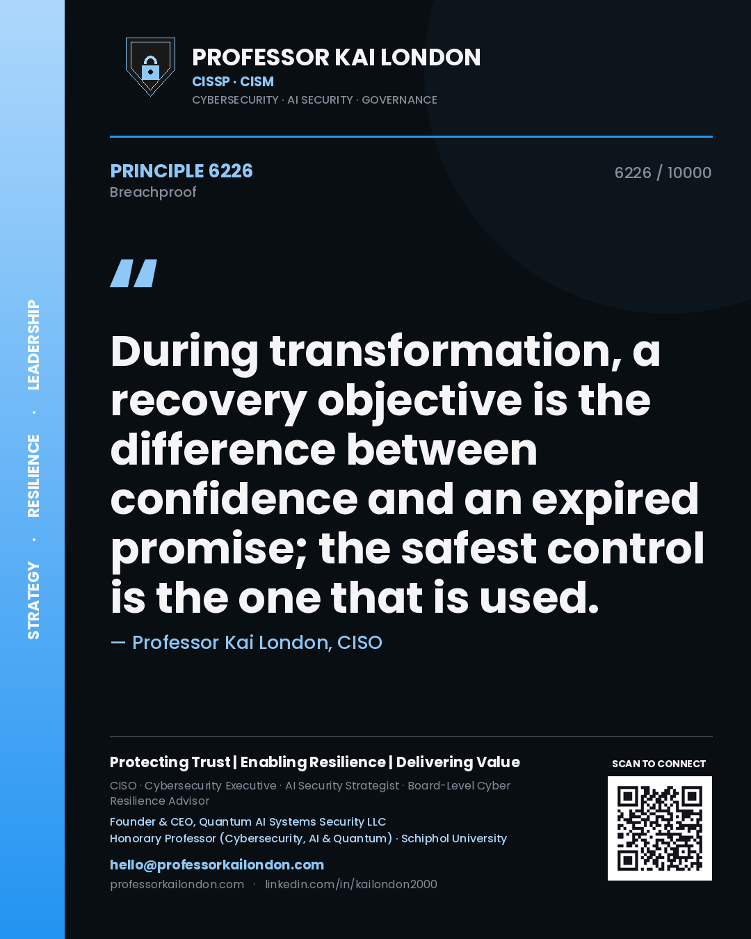 Quote card by Professor Kai London reading 'During transformation, a recovery objective is the difference between confidence and an expired promise; the safest control is the one that is used.'. From the book Breachproof.