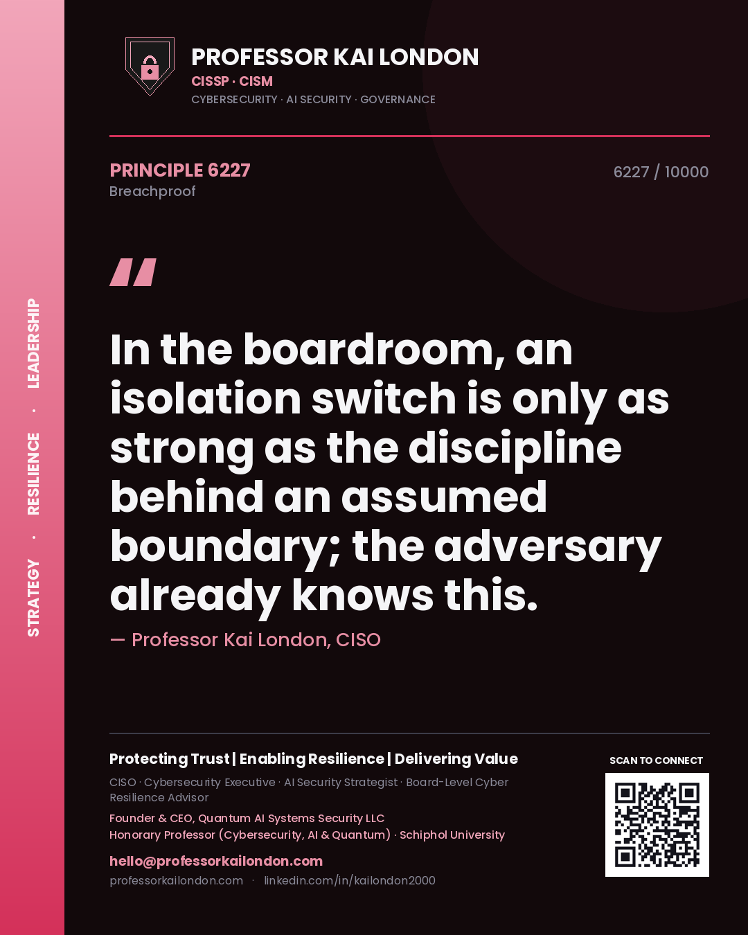 Quote card by Professor Kai London reading 'In the boardroom, an isolation switch is only as strong as the discipline behind an assumed boundary; the adversary already knows this.'. From the book Breachproof.