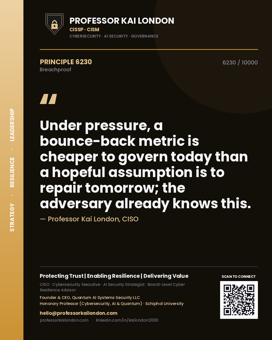 Quote card by Professor Kai London reading 'Under pressure, a bounce-back metric is cheaper to govern today than a hopeful assumption is to repair tomorrow; the adversary already knows this.'. From the book Breachproof.