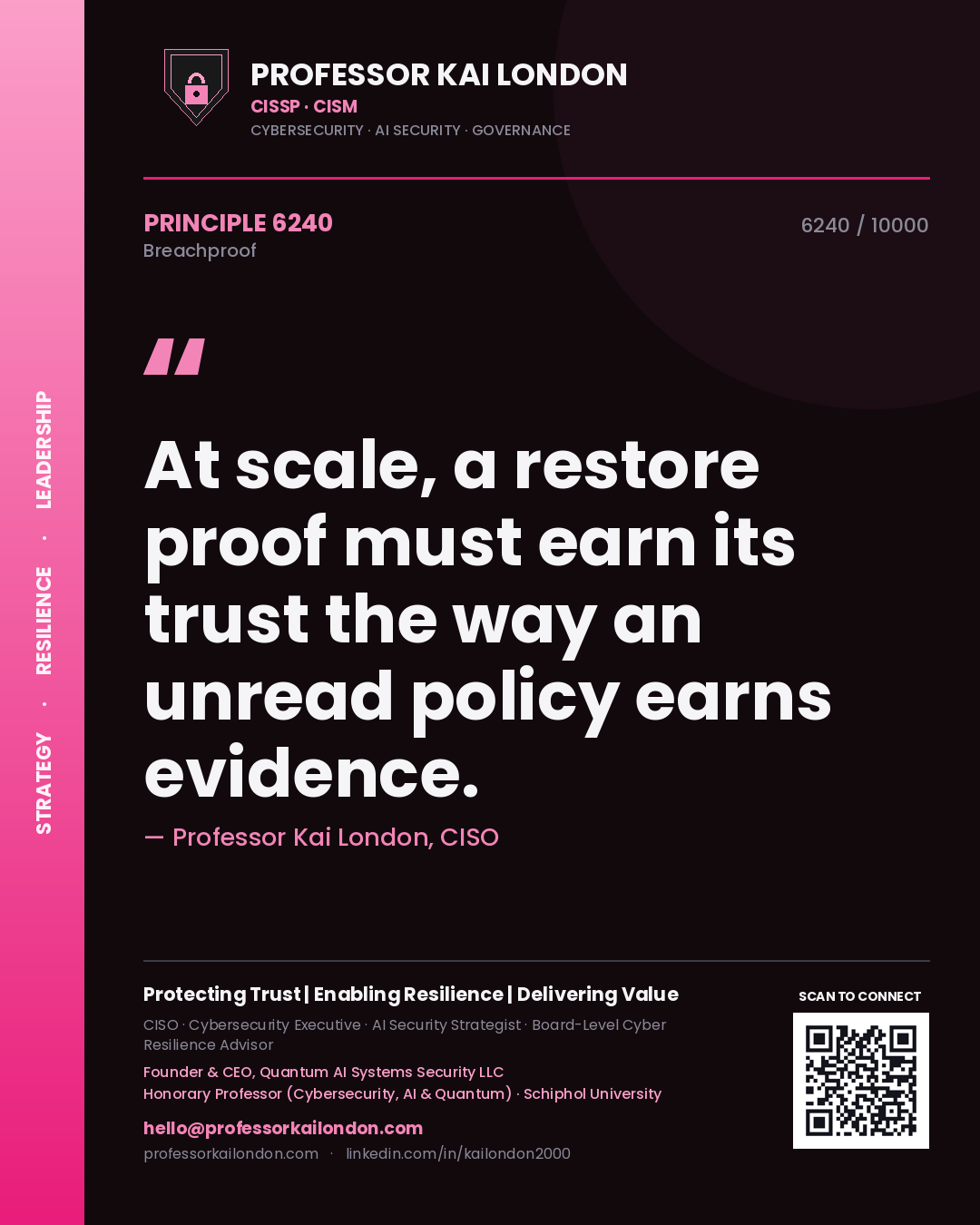 Professor Kai London principle 6240: At scale, a restore proof must earn its trust the way an unread policy earns evidence.